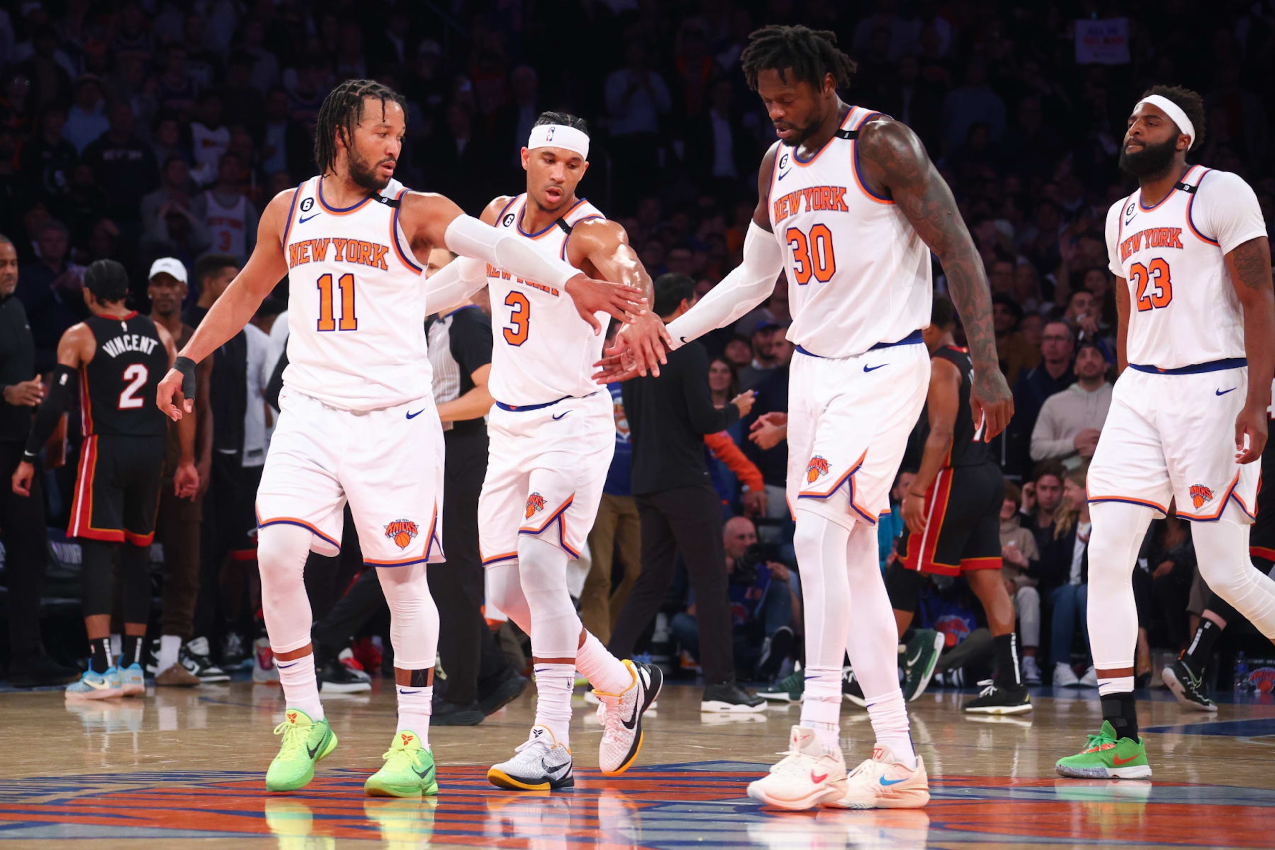 NEW YORK, NY - MAY 2: The New York Knicks celebrate during Game Two of the Eastern Conference Semi-Finals 2023 NBA Playoffs on May 2, 2023 at Madison Square Garden in New York City, New York. NOTE TO USER: User expressly acknowledges and agrees that, by downloading and or using this photograph, User is consenting to the terms and conditions of the Getty Images License Agreement. Mandatory Copyright Notice: Copyright 2023 NBAE (Photo by Nathaniel S. Butler/NBAE via Getty Images) NEW YORK, NY - MAY 2: The New York Knicks celebrate during Game Two of the Eastern Conference Semi-Finals 2023 NBA Playoffs on May 2, 2023 at Madison Square Garden in New York City, New York. NOTE TO USER: User expressly acknowledges and agrees that, by downloading and or using this photograph, User is consenting to the terms and conditions of the Getty Images License Agreement. Mandatory Copyright Notice: Copyright 2023 NBAE (Photo by Nathaniel S. Butler/NBAE via Getty Images)