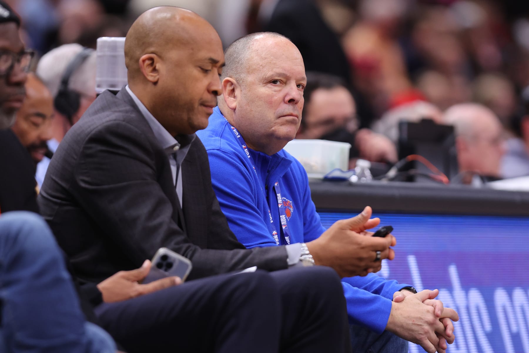 CHICAGO, ILLINOIS - DECEMBER 14: Executive Vice President and Senior Basketball Advisor William Wesley and President Leon Rose of the New York Knicks look on during the first half against the Chicago Bulls at United Center on December 14, 2022 in Chicago, Illinois. NOTE TO USER: User expressly acknowledges and agrees that, by downloading and or using this photograph, User is consenting to the terms and conditions of the Getty Images License Agreement.  (Photo by Michael Reaves/Getty Images)