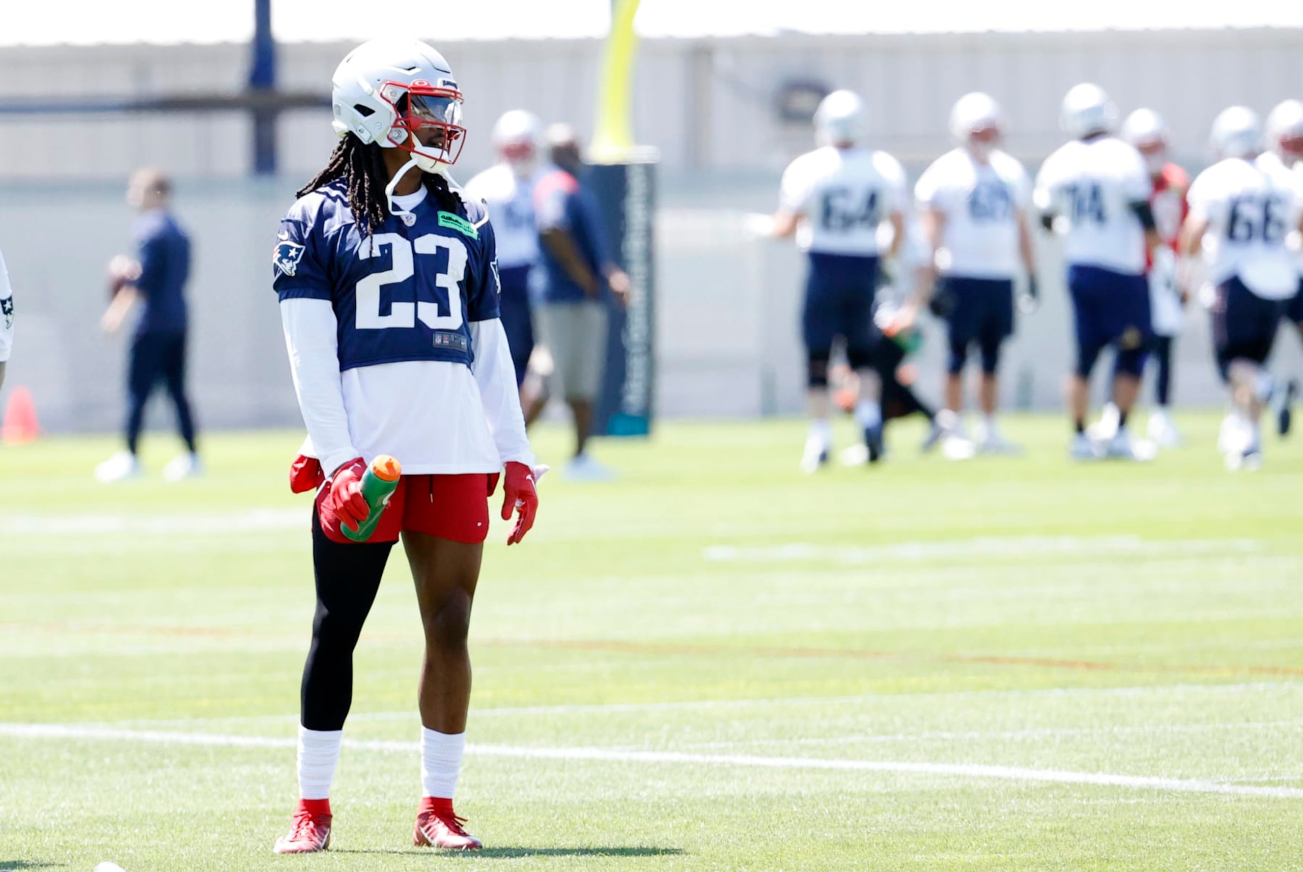 FOXBOROUGH, MA - MAY 31: New England Patriots safety Kyle Dugger (23) waits for a drill during the first day of New England Patriots Optional Training Activities on May 31, 2023, at the Patriots Training Facility at Gillette Stadium in Foxborough, Massachusetts. (Photo by Fred Kfoury III/Icon Sportswire via Getty Images)