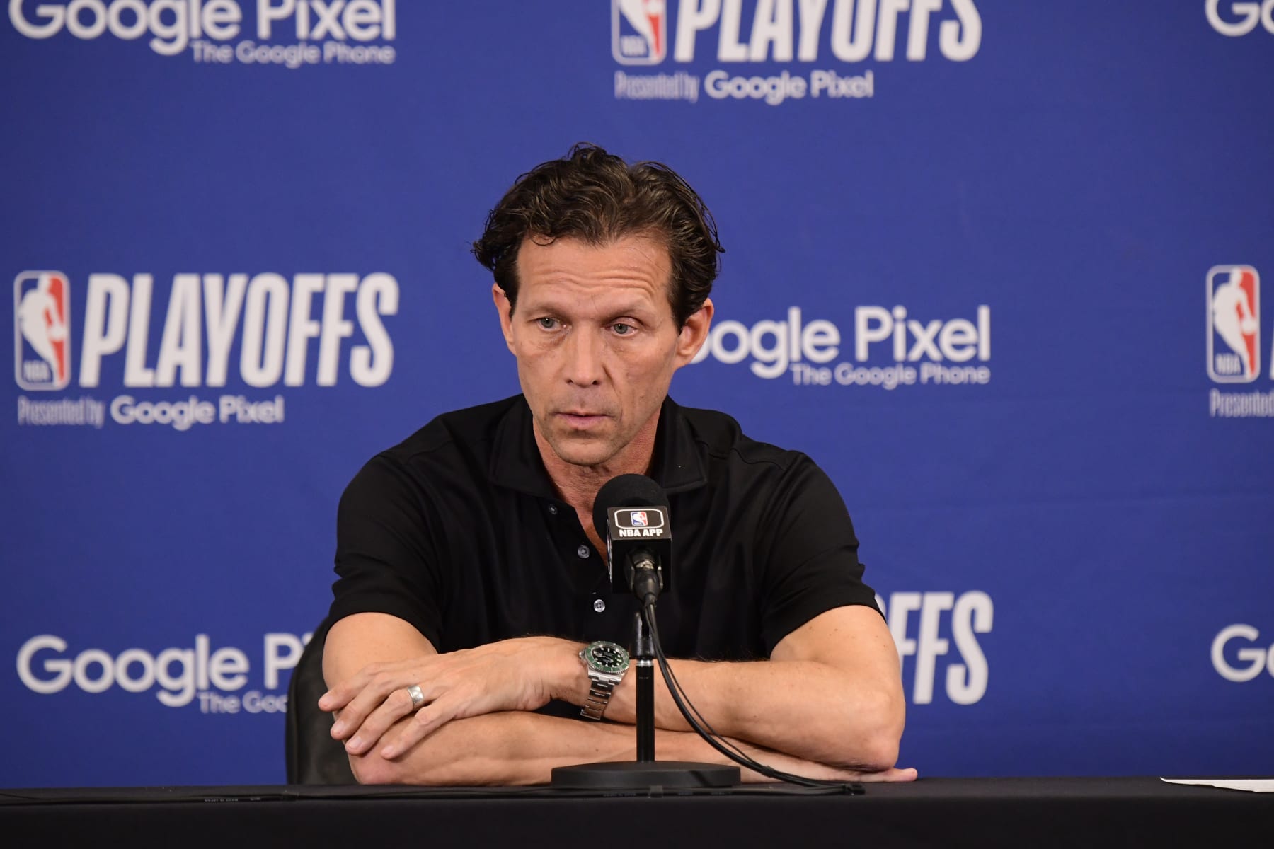 BOSTON, MA - APRIL 25: Head Coach Quin Snyder of the Atlanta Hawks talks to the media after the game against the Boston Celtics during Round One Game Five of the 2023 NBA Playoffs on April 25, 2023 at the TD Garden in Boston, Massachusetts. NOTE TO USER: User expressly acknowledges and agrees that, by downloading and or using this photograph, User is consenting to the terms and conditions of the Getty Images License Agreement. Mandatory Copyright Notice: Copyright 2023 NBAE  (Photo by Brian Babineau/NBAE via Getty Images)