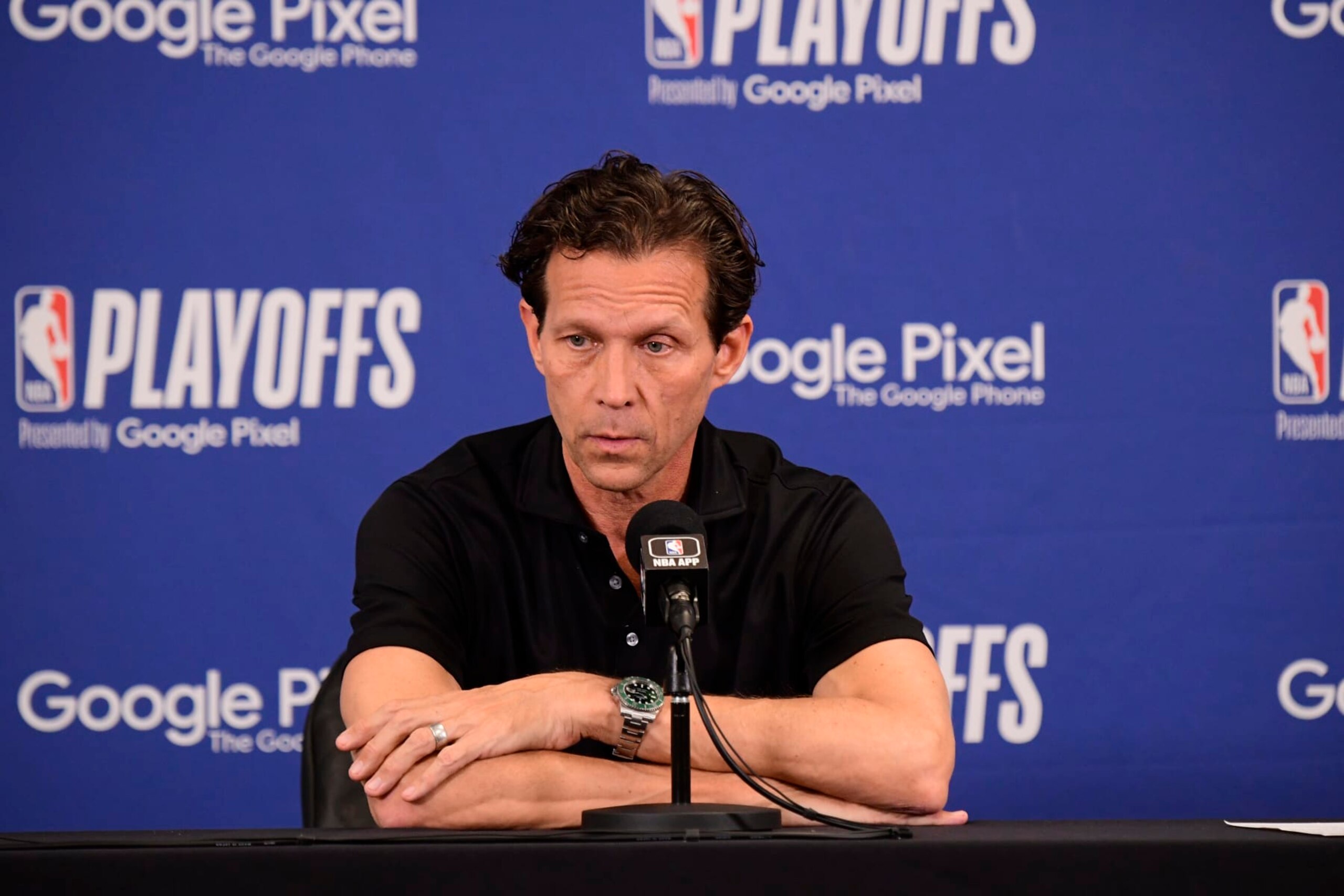 BOSTON, MA - APRIL 25: Head Coach Quin Snyder of the Atlanta Hawks talks to the media after the game against the Boston Celtics during Round One Game Five of the 2023 NBA Playoffs on April 25, 2023 at the TD Garden in Boston, Massachusetts. NOTE TO USER: User expressly acknowledges and agrees that, by downloading and or using this photograph, User is consenting to the terms and conditions of the Getty Images License Agreement. Mandatory Copyright Notice: Copyright 2023 NBAE (Photo by Brian Babineau/NBAE via Getty Images) BOSTON, MA - APRIL 25: Head Coach Quin Snyder of the Atlanta Hawks talks to the media after the game against the Boston Celtics during Round One Game Five of the 2023 NBA Playoffs on April 25, 2023 at the TD Garden in Boston, Massachusetts. NOTE TO USER: User expressly acknowledges and agrees that, by downloading and or using this photograph, User is consenting to the terms and conditions of the Getty Images License Agreement. Mandatory Copyright Notice: Copyright 2023 NBAE (Photo by Brian Babineau/NBAE via Getty Images)