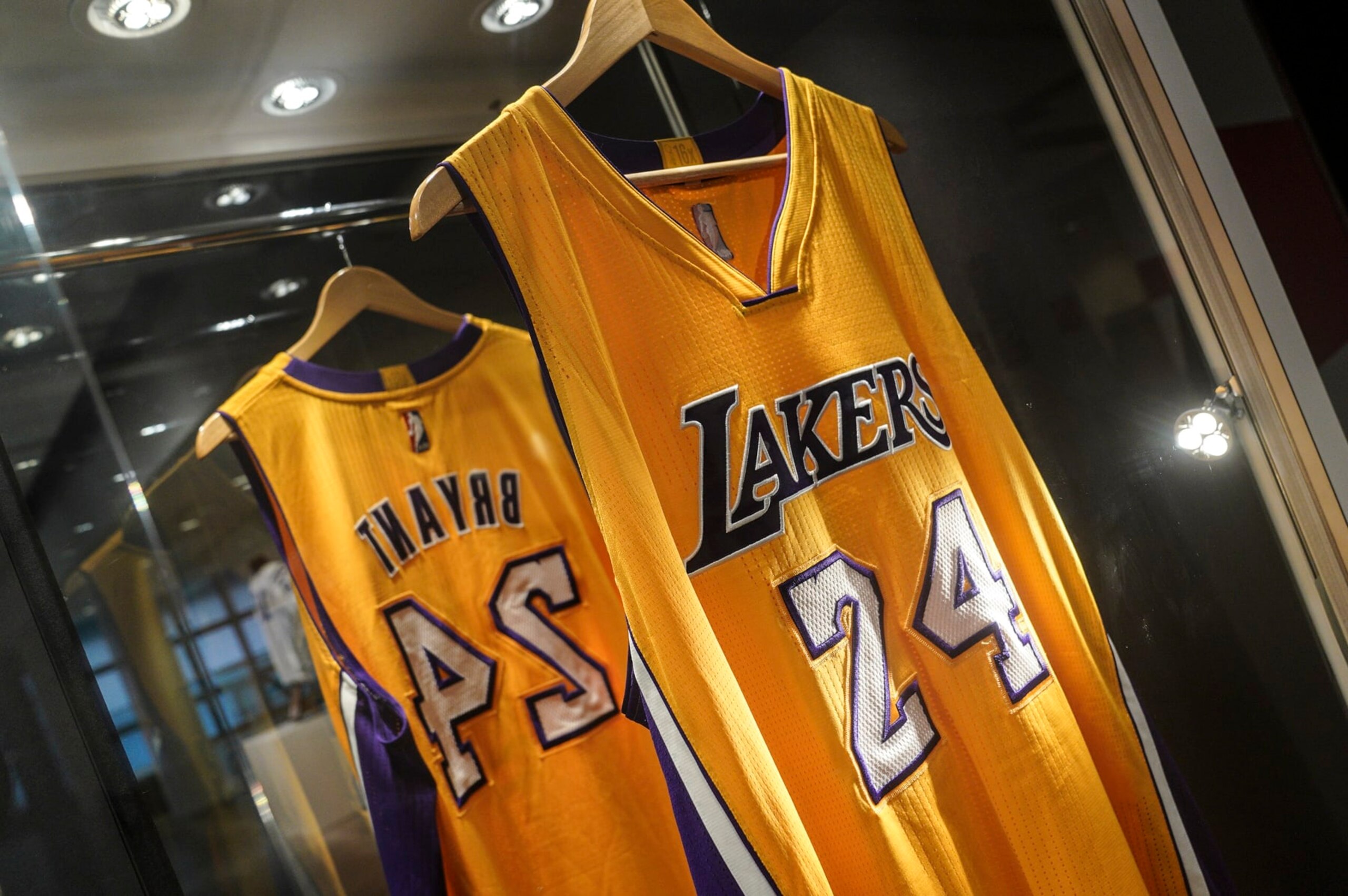 Kobe Bryant's jersey from his final NBA opening day of the 2015-2016 season, is displayed as part of Sotheby's sports memorabilia auction dubbed "Invictus," Tuesday Sept. 6, 2022, in New York. The sale, open through Thursday, Sept. 15, features a variety of athletes who have had deep and lasting impact on their respective sports. (AP Photo/Bebeto Matthews) Kobe Bryant's jersey from his final NBA opening day of the 2015-2016 season, is displayed as part of Sotheby's sports memorabilia auction dubbed "Invictus," Tuesday Sept. 6, 2022, in New York. The sale, open through Thursday, Sept. 15, features a variety of athletes who have had deep and lasting impact on their respective sports. (AP Photo/Bebeto Matthews)