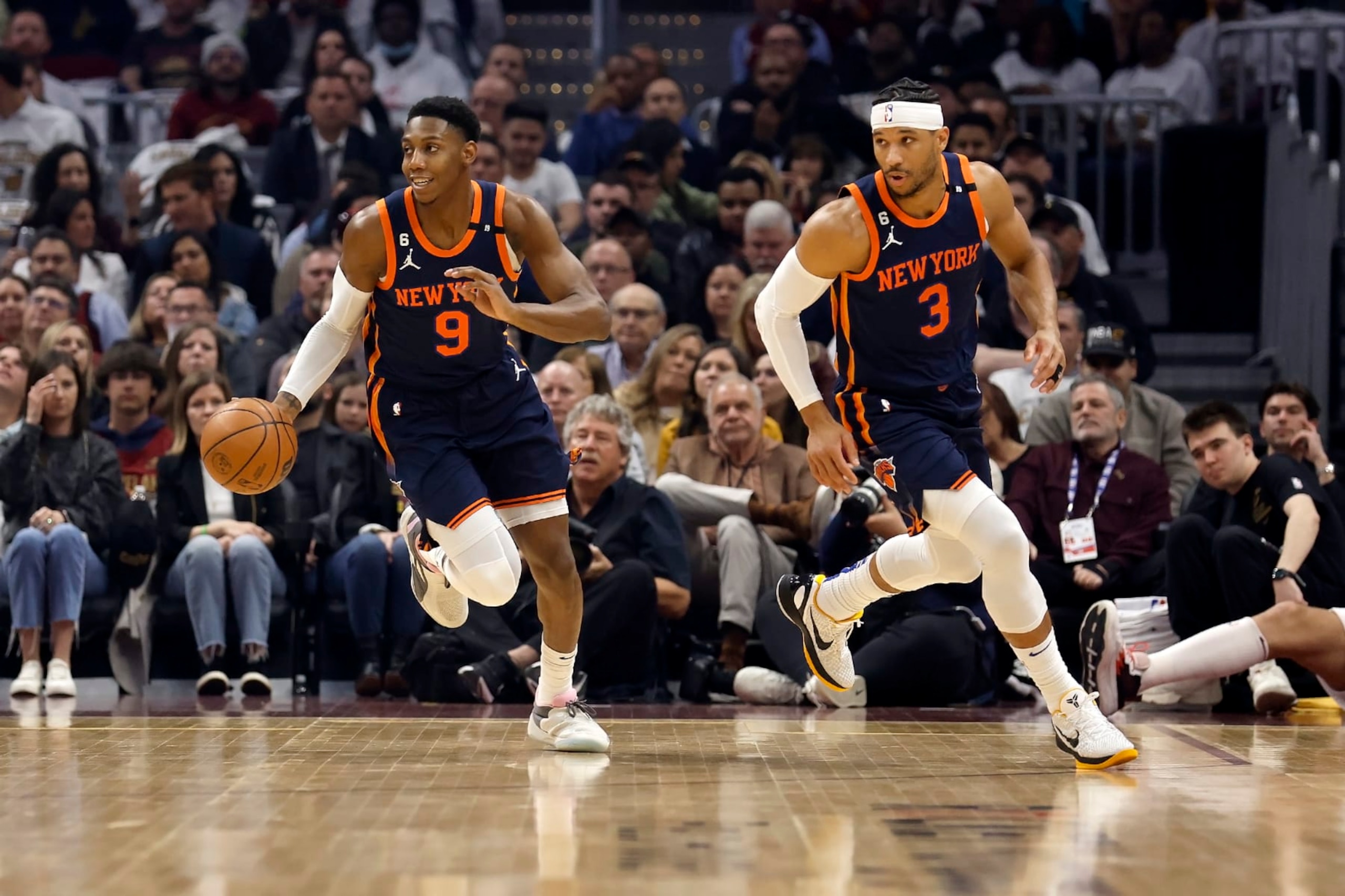 CLEVELAND, OH - APRIL 26: RJ Barrett #9 of the New York Knicks and Josh Hart #3 run up the court during Game Five of the Eastern Conference First Round Playoffs against the Cleveland Cavaliers at Rocket Mortgage Fieldhouse on April 26, 2023 in Cleveland, Ohio. NOTE TO USER: User expressly acknowledges and agrees that, by downloading and or using this photograph, User is consenting to the terms and conditions of the Getty Images License Agreement. (Photo by Kirk Irwin/Getty Images) CLEVELAND, OH - APRIL 26: RJ Barrett #9 of the New York Knicks and Josh Hart #3 run up the court during Game Five of the Eastern Conference First Round Playoffs against the Cleveland Cavaliers at Rocket Mortgage Fieldhouse on April 26, 2023 in Cleveland, Ohio. NOTE TO USER: User expressly acknowledges and agrees that, by downloading and or using this photograph, User is consenting to the terms and conditions of the Getty Images License Agreement. (Photo by Kirk Irwin/Getty Images)