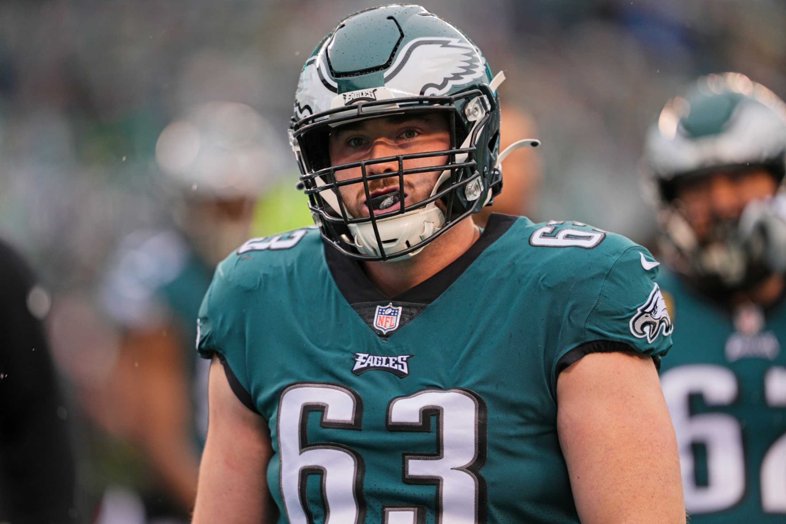 PHILADELPHIA, PA - JANUARY 29: Philadelphia Eagles offensive tackle Jack Driscoll (63) looks on during the Championship game between the San Fransisco 49ers and the Philadelphia Eagles on January 29, 2023. (Photo by Andy Lewis/Icon Sportswire via Getty Images)