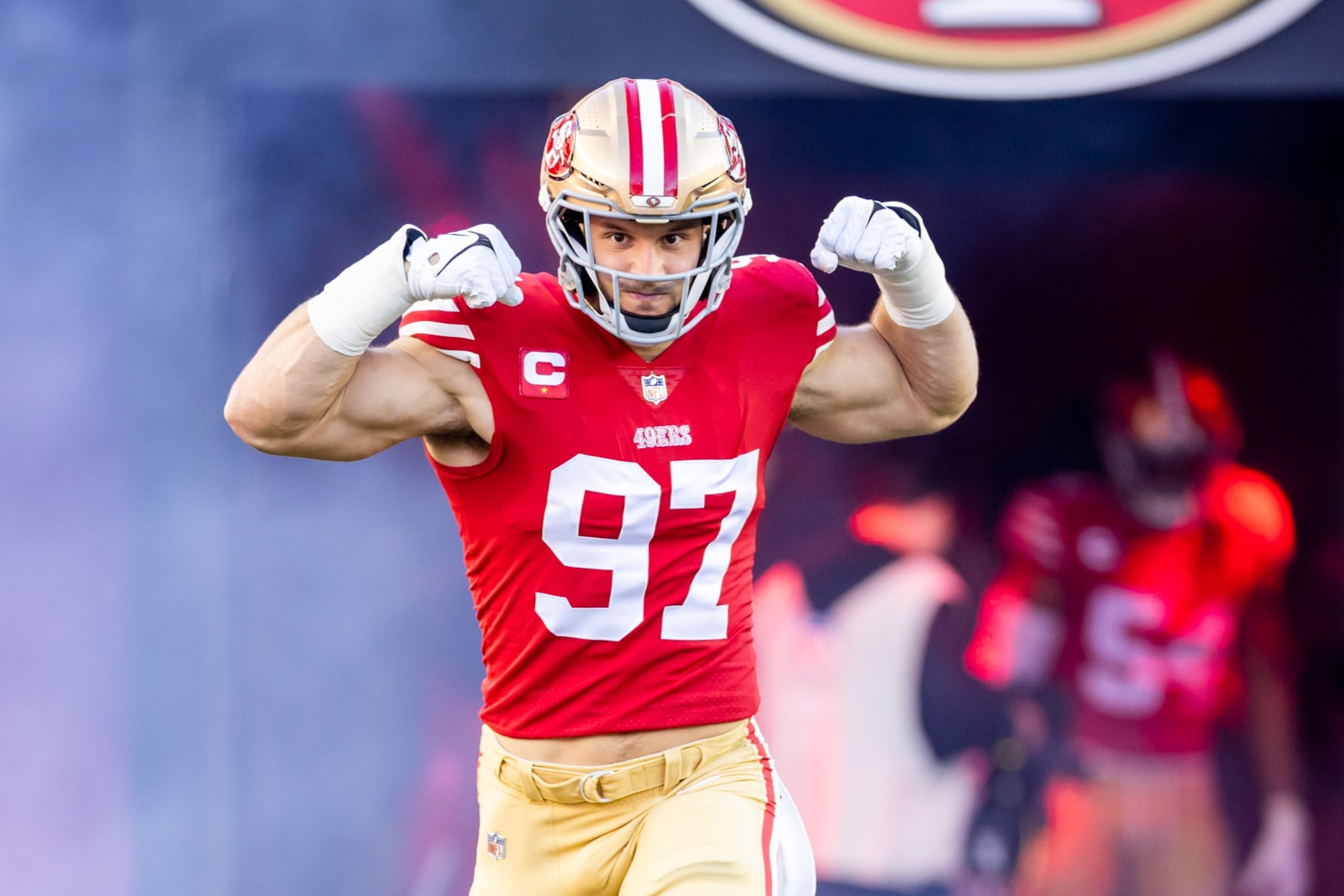 SANTA CLARA, CA - JANUARY 22: San Francisco 49ers defensive end Nick Bosa (97) runs onto the field during the NFL NFC Divisional Playoff game between the Dallas Cowboys and San Francisco 49ers at Levis Stadium in Santa Clara, CA. (Photo by Bob Kupbens/Icon Sportswire via Getty Images)