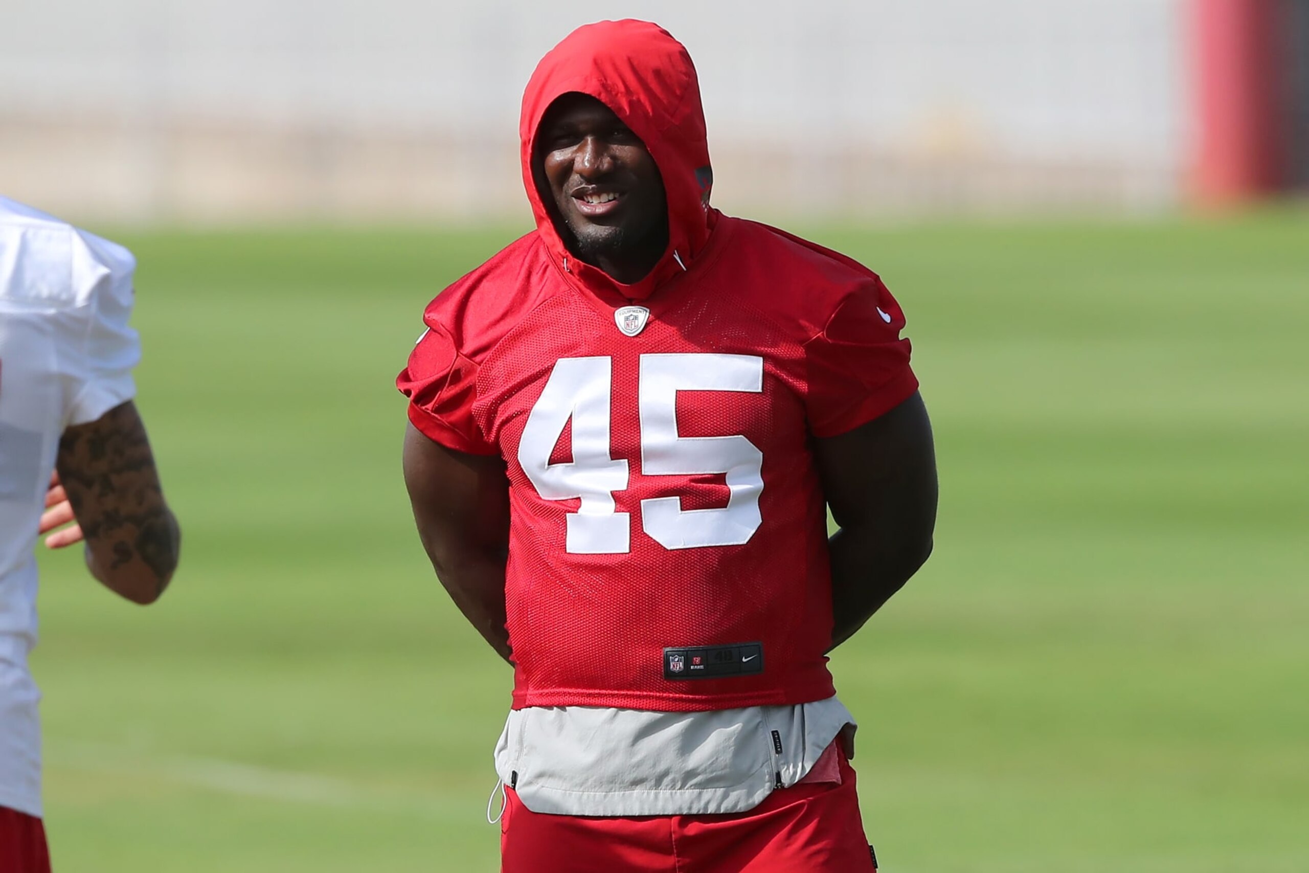 TAMPA, FL - JUN 15: Tampa Bay Buccaneers Linebacker Devin White (45) talks with teammates during the Tampa Bay Buccaneers Minicamp on June 15, 2023 at the AdventHealth Training Center at One Buccaneer Place in Tampa, Florida. (Photo by Cliff Welch/Icon Sportswire via Getty Images)