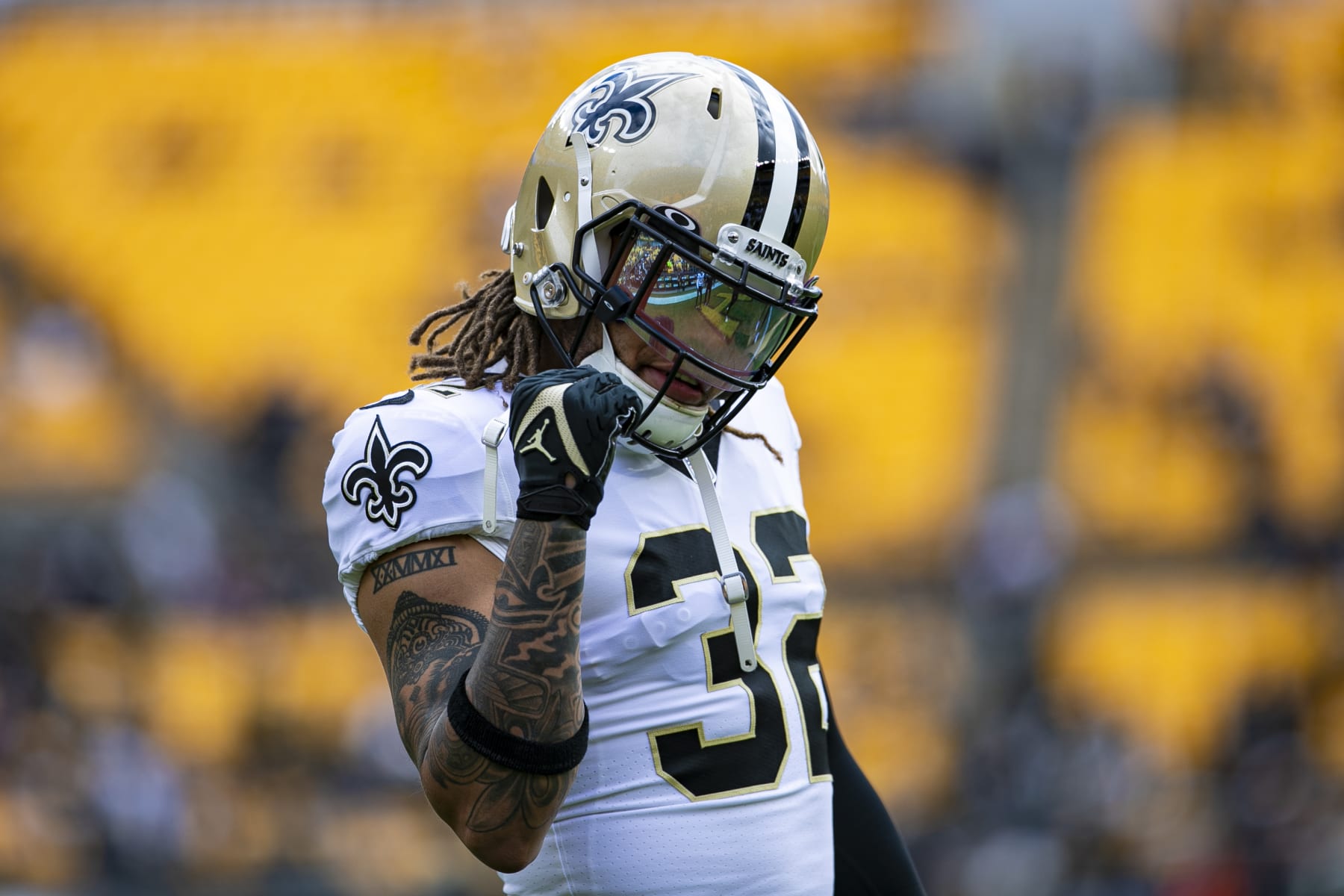 PITTSBURGH, PA - NOVEMBER 13: New Orleans Saints safety Tyrann Mathieu (32) looks on during the national football league game between the New Orleans Saints and the Pittsburgh Steelers on November 13, 2022 at Acrisure Stadium in Pittsburgh, PA. (Photo by Mark Alberti/Icon Sportswire via Getty Images)
