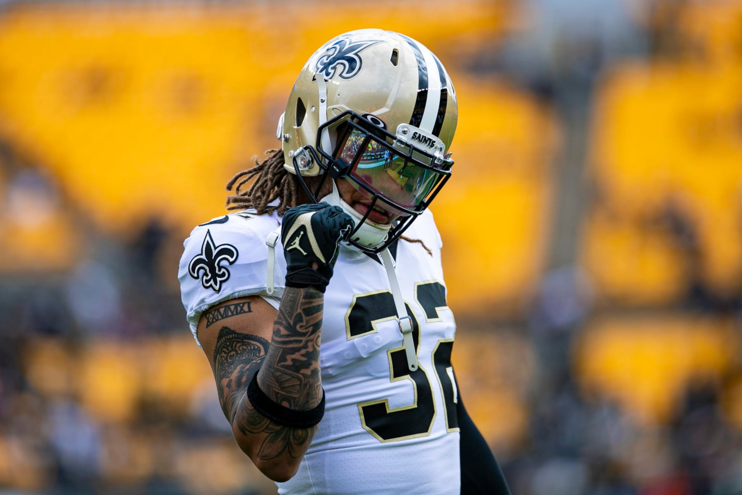 PITTSBURGH, PA - NOVEMBER 13: New Orleans Saints safety Tyrann Mathieu (32) looks on during the national football league game between the New Orleans Saints and the Pittsburgh Steelers on November 13, 2022 at Acrisure Stadium in Pittsburgh, PA. (Photo by Mark Alberti/Icon Sportswire via Getty Images)