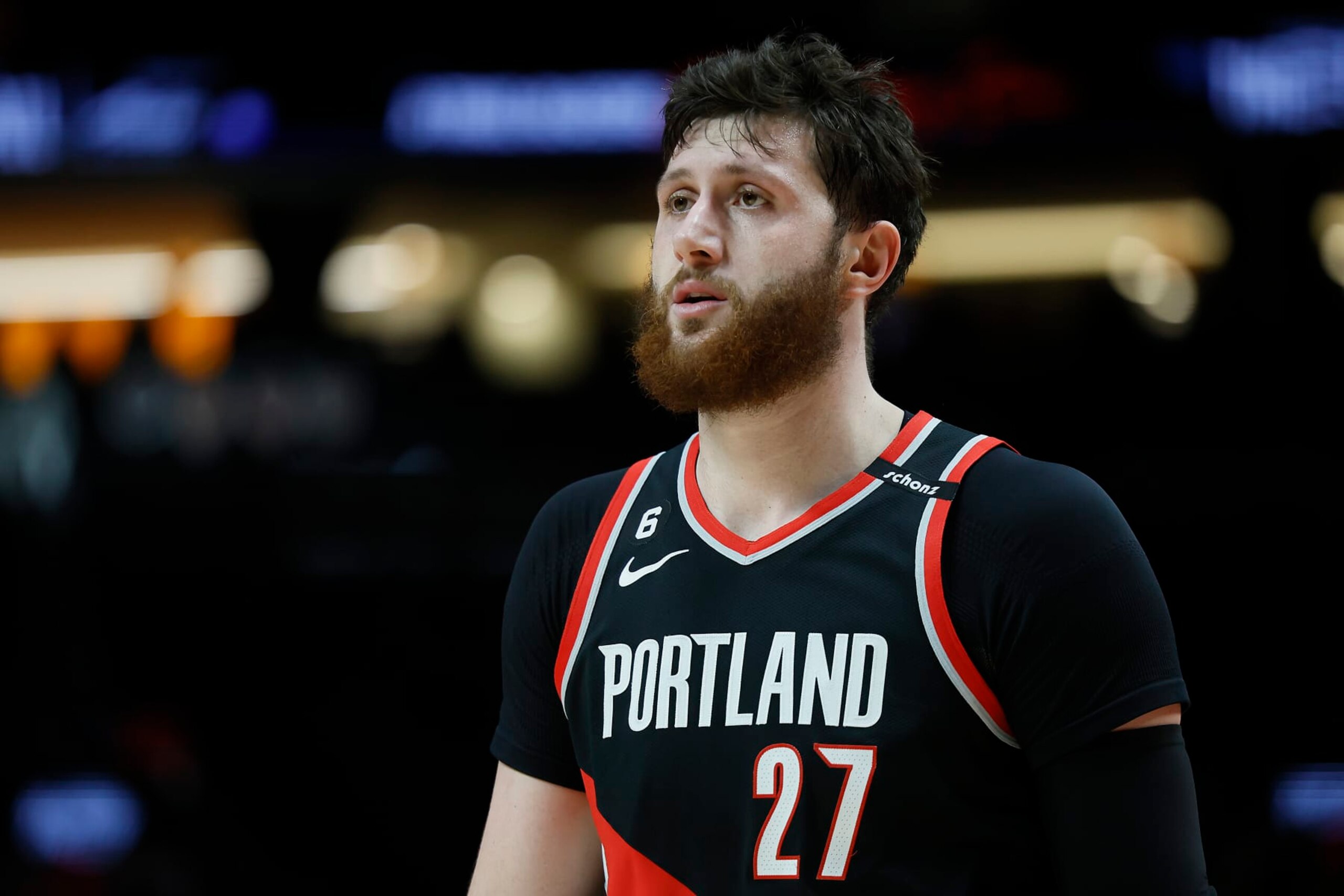 PORTLAND, OREGON - JANUARY 30: Jusuf Nurkic #27 of the Portland Trail Blazers looks on during the second half against the Atlanta Hawks at Moda Center on January 30, 2023 in Portland, Oregon. NOTE TO USER: User expressly acknowledges and agrees that, by downloading and or using this photograph, User is consenting to the terms and conditions of the Getty Images License Agreement.  (Photo by Soobum Im/Getty Images)