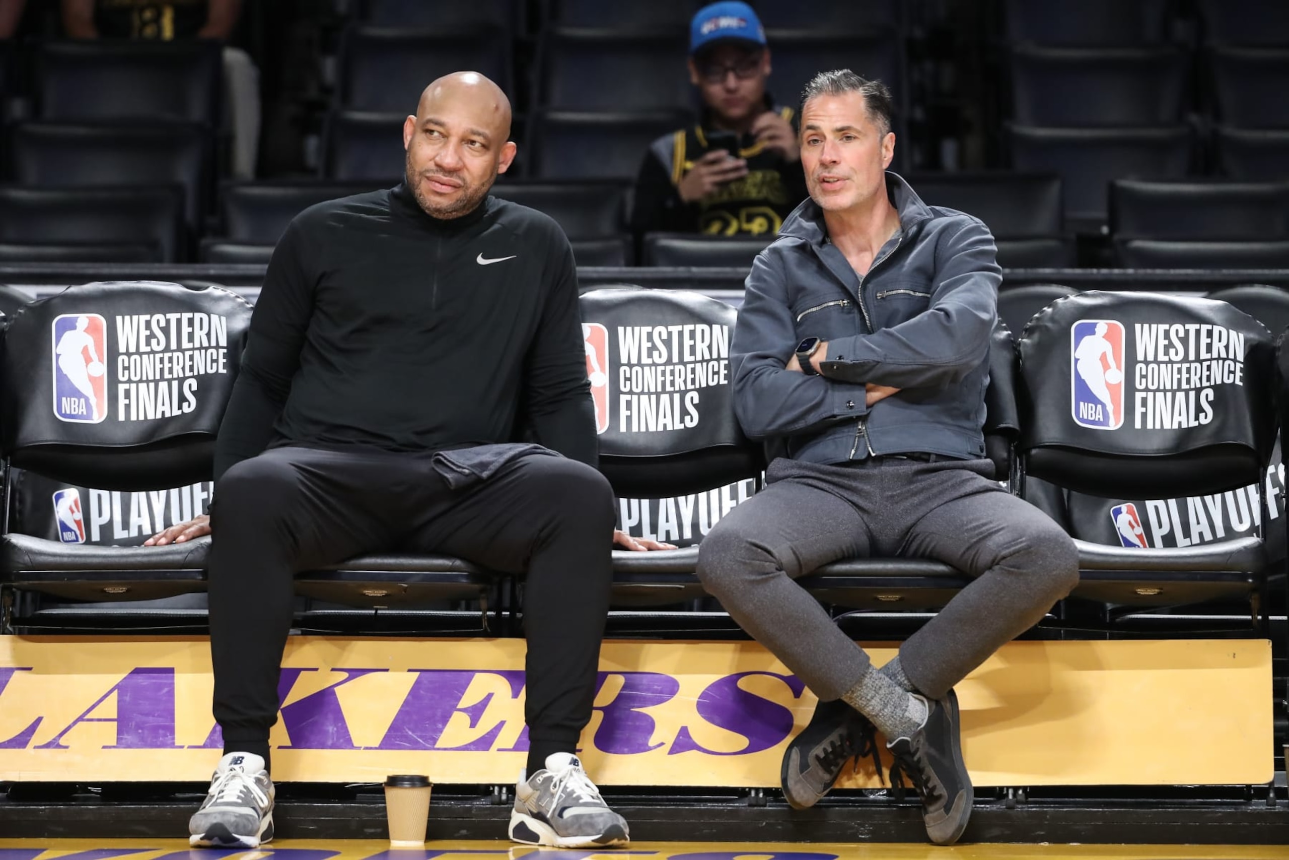 LOS ANGELES, CA - MAY 22: (L) Rob Pelinka, vice president of basketball operations and general manager of the Los Angeles Lakers talks with head coach Darvin Ham before the Denver Nuggets versus the Los Angeles Lakers in Game 4 of the NBA Western Conference Finals on May 22, 2023, at Crypto.com Arena in Los Angeles, CA (Photo by Jevone Moore/Icon Sportswire via Getty Images) LOS ANGELES, CA - MAY 22: (L) Rob Pelinka, vice president of basketball operations and general manager of the Los Angeles Lakers talks with head coach Darvin Ham before the Denver Nuggets versus the Los Angeles Lakers in Game 4 of the NBA Western Conference Finals on May 22, 2023, at Crypto.com Arena in Los Angeles, CA (Photo by Jevone Moore/Icon Sportswire via Getty Images)