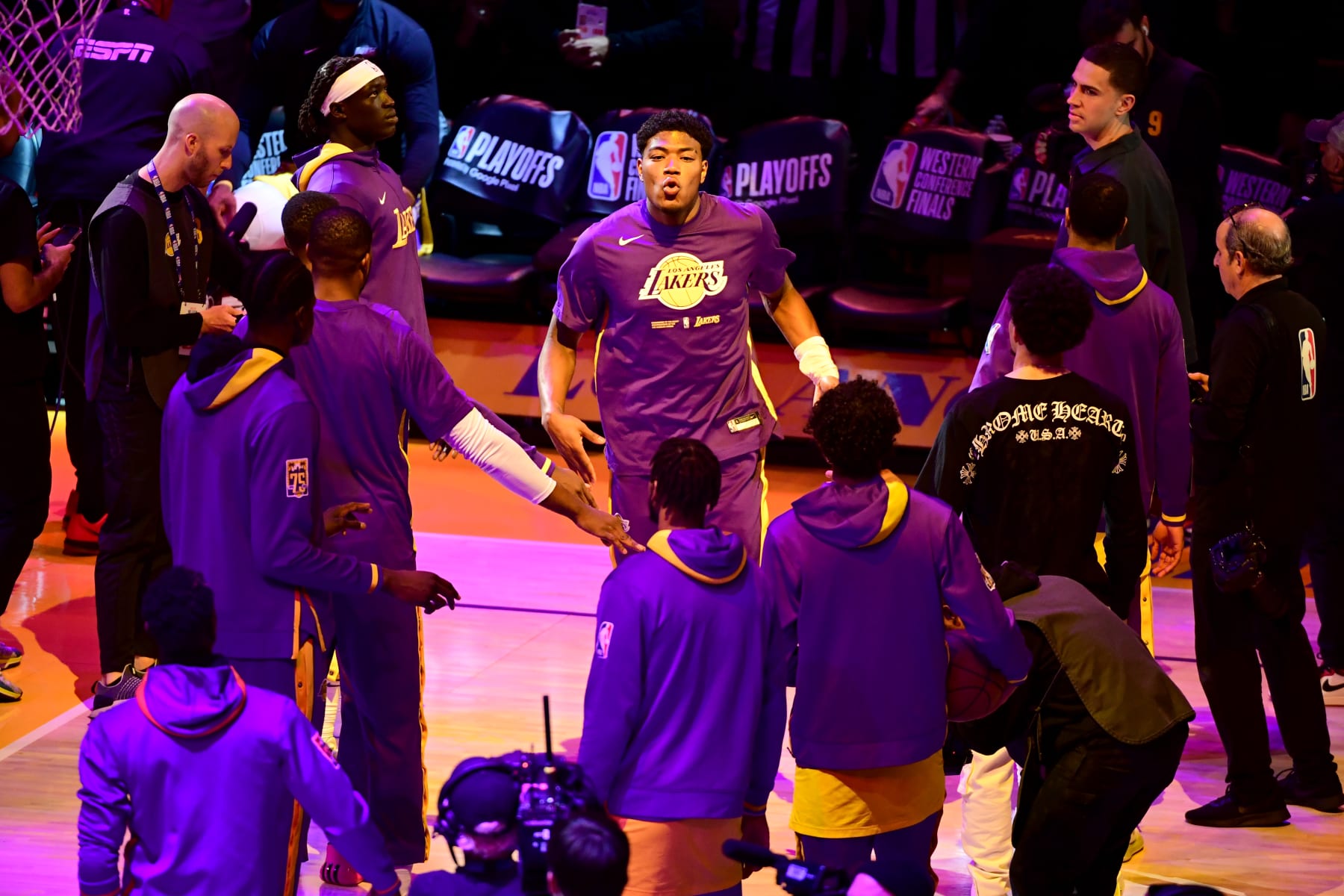LOS ANGELES, CA - MAY 22: Rui Hachimura #28 of the Los Angeles Lakers walks on to the court before Game 4 of the 2023 NBA Playoffs Western Conference Finals against the Denver Nuggets on May 22, 2023 at Crypto.Com Arena in Los Angeles, California. NOTE TO USER: User expressly acknowledges and agrees that, by downloading and/or using this Photograph, user is consenting to the terms and conditions of the Getty Images License Agreement. Mandatory Copyright Notice: Copyright 2023 NBAE (Photo by Adam Pantozzi/NBAE via Getty Images)