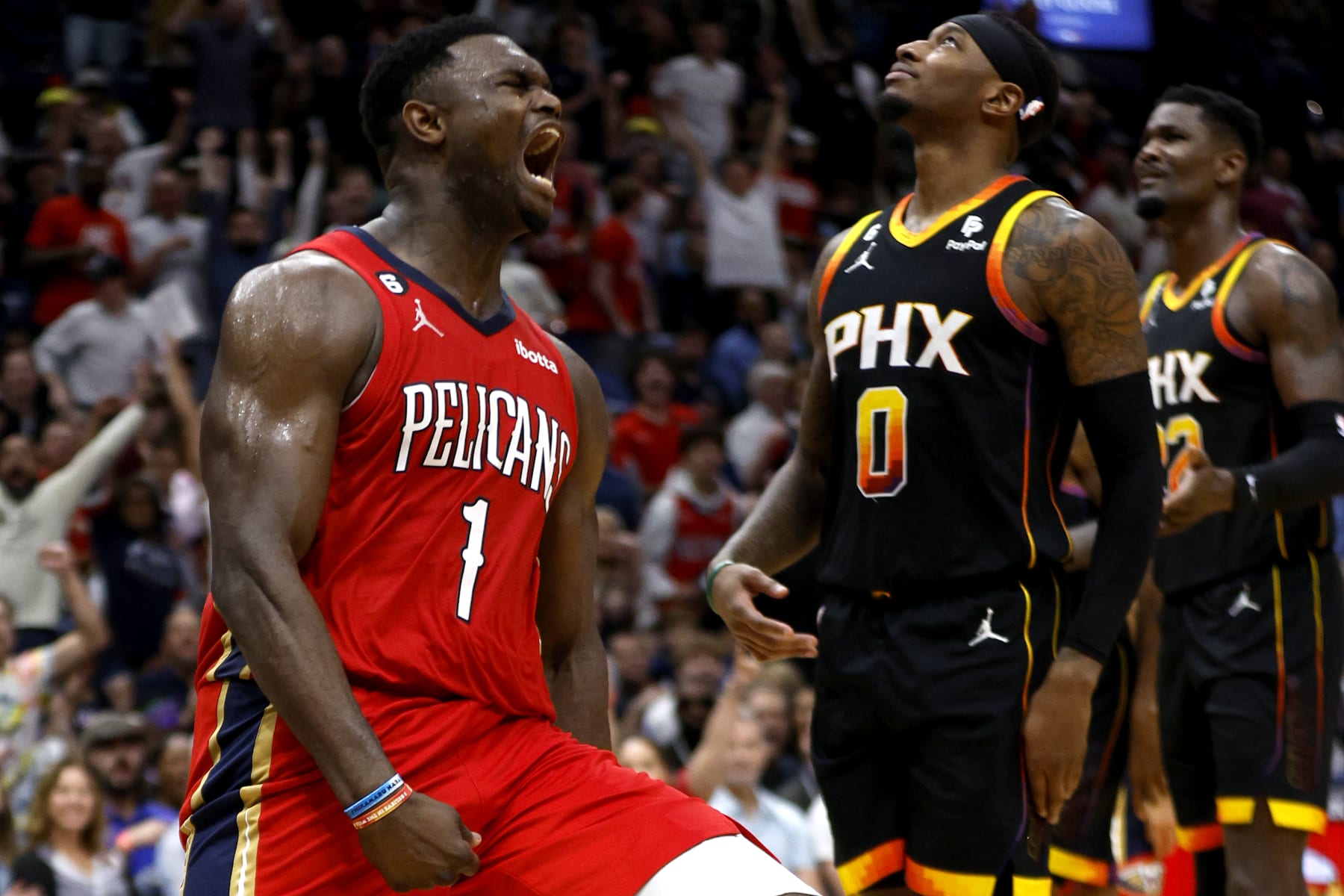 NEW ORLEANS, LOUISIANA - DECEMBER 09: Zion Williamson #1 of the New Orleans Pelicans reacts after dunking the ball during the fourth quarter of an NBA game S at Smoothie King Center on December 09, 2022 in New Orleans, Louisiana. NOTE TO USER: User expressly acknowledges and agrees that, by downloading and or using this photograph, User is consenting to the terms and conditions of the Getty Images License Agreement. (Photo by Sean Gardner/Getty Images)