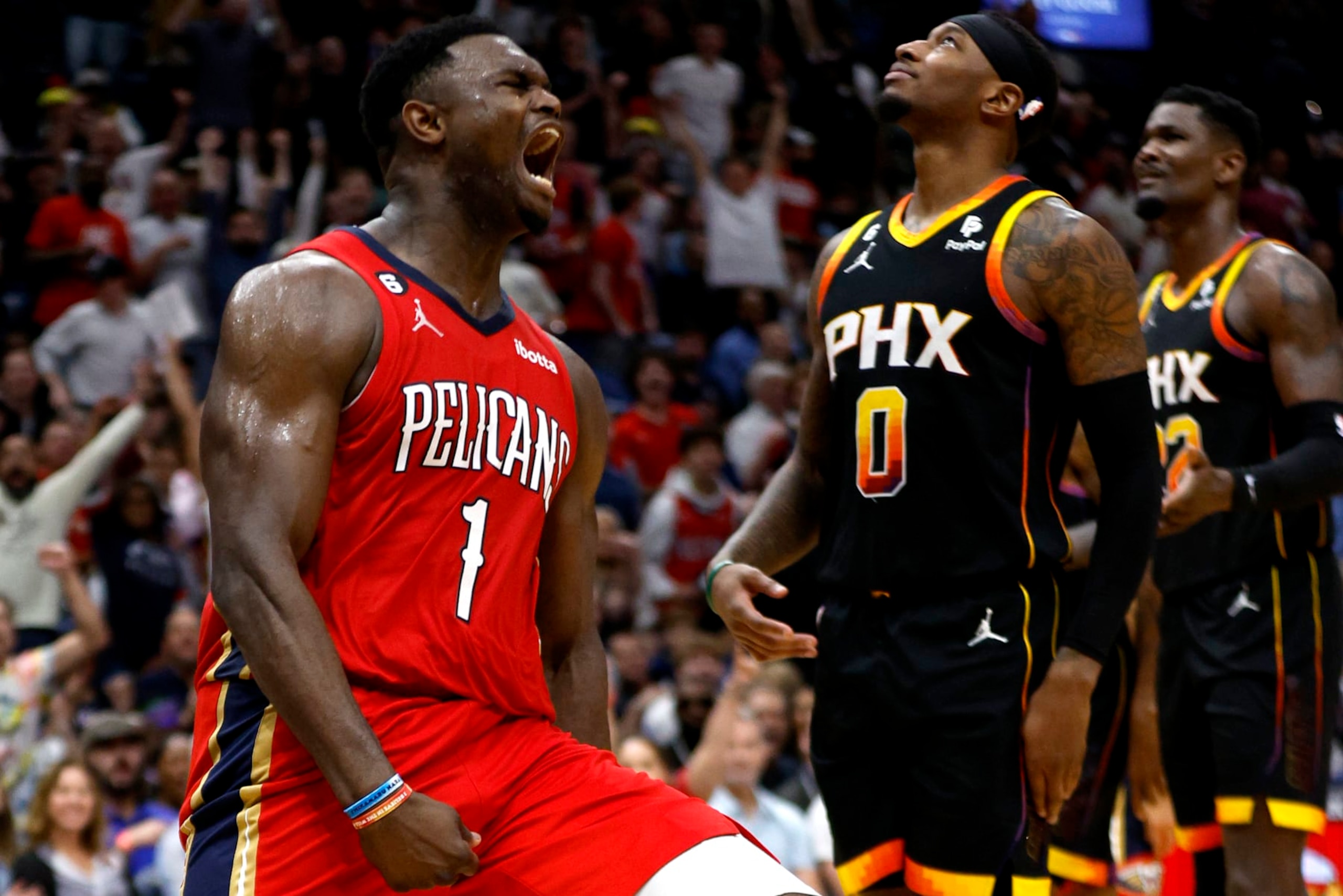 NEW ORLEANS, LOUISIANA - DECEMBER 09: Zion Williamson #1 of the New Orleans Pelicans reacts after dunking the ball during the fourth quarter of an NBA game S at Smoothie King Center on December 09, 2022 in New Orleans, Louisiana. NOTE TO USER: User expressly acknowledges and agrees that, by downloading and or using this photograph, User is consenting to the terms and conditions of the Getty Images License Agreement. (Photo by Sean Gardner/Getty Images)