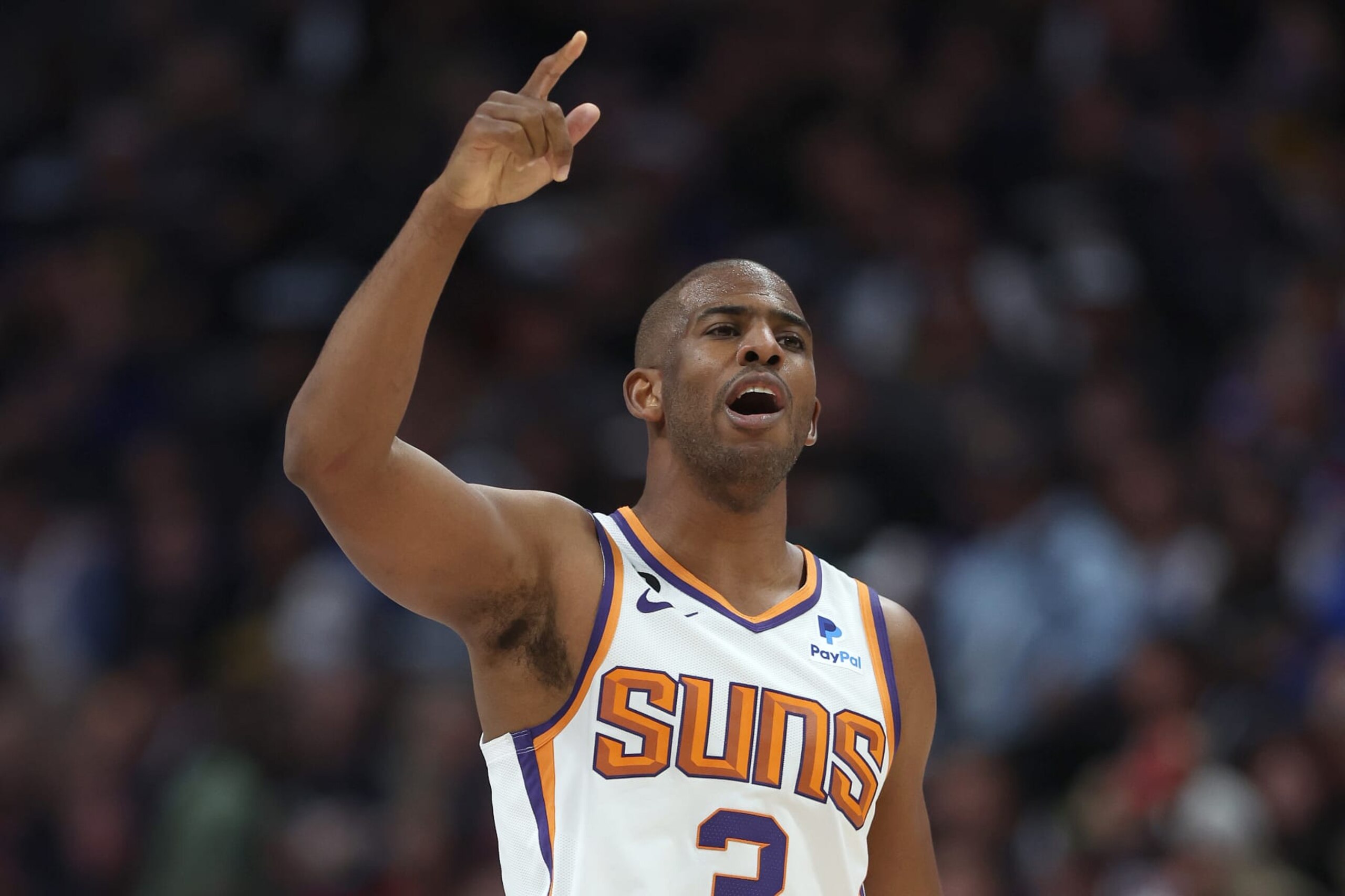 DENVER, COLORADO - APRIL 29: Chris Paul #3 of the Phoenix Suns gestures while playing the Denver Nuggets in the third quarter at Ball Arena on April 29, 2023 in Denver, Colorado. NOTE TO USER: User expressly acknowledges and agrees that, by downloading and/or using this photograph, User is consenting to the terms and conditions of the Getty Images License Agreement. (Photo by Matthew Stockman/Getty Images)
