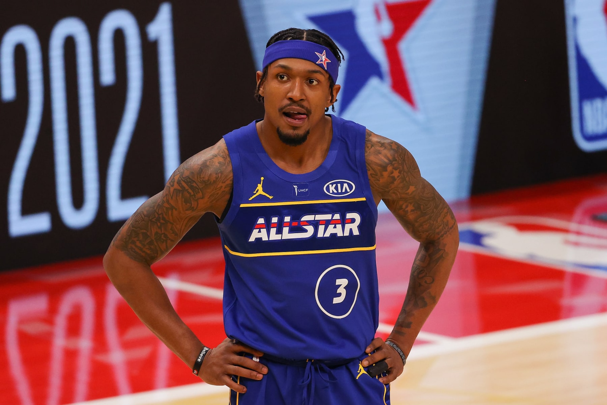 ATLANTA, GEORGIA - MARCH 07:  Bradley Beal #3 of Team Durant looks on against Team LeBron in the 70th NBA All-Star Game at State Farm Arena on March 07, 2021 in Atlanta, Georgia. (Photo by Kevin C. Cox/Getty Images)