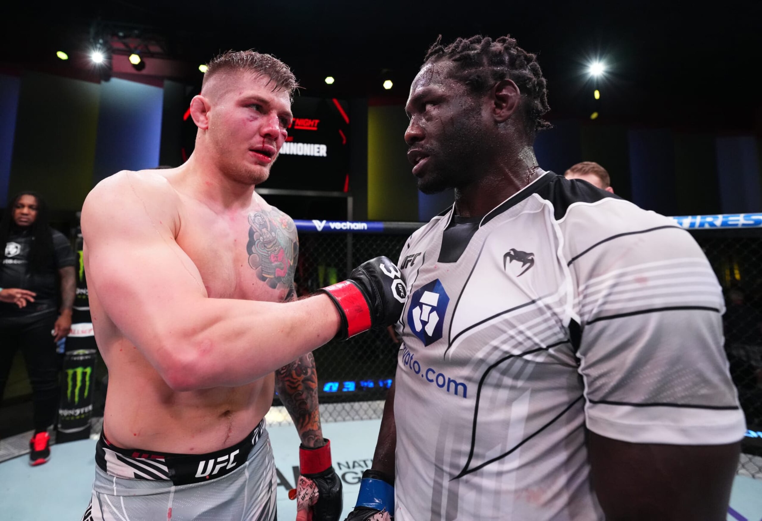 LAS VEGAS, NEVADA - JUNE 17: (R-L) Jared Cannonier and Marvin Vettori of Italy talk after their middleweight fight during the UFC Fight Night event at UFC APEX on June 17, 2023 in Las Vegas, Nevada. (Photo by Chris Unger/Zuffa LLC via Getty Images)