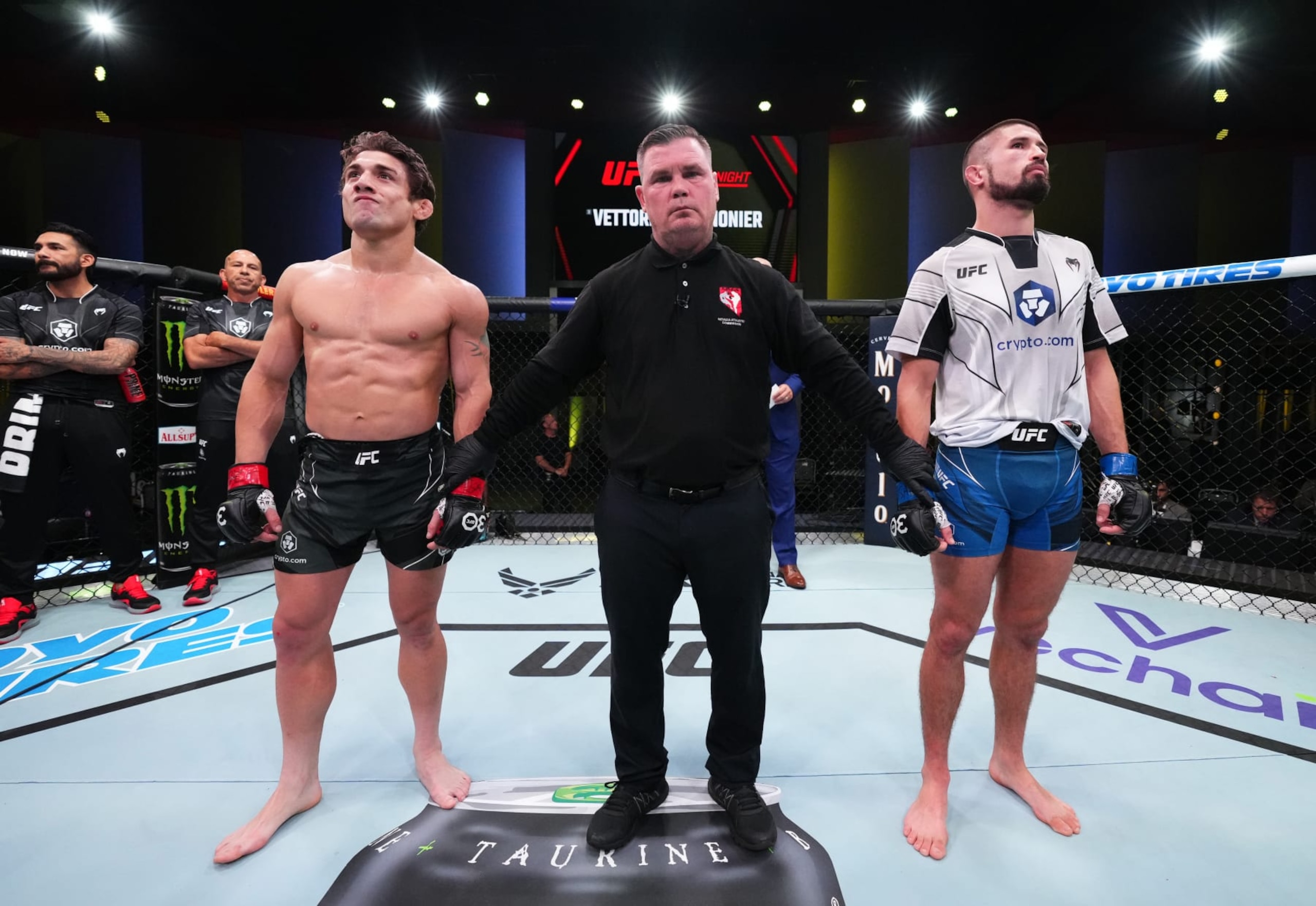 LAS VEGAS, NEVADA - JUNE 17: Dan Argueta (L) and Ronnie Lawrence (R) react after their bantamweight fight was declared a no-contest during the UFC Fight Night event at UFC APEX on June 17, 2023 in Las Vegas, Nevada. (Photo by Chris Unger/Zuffa LLC via Getty Images)