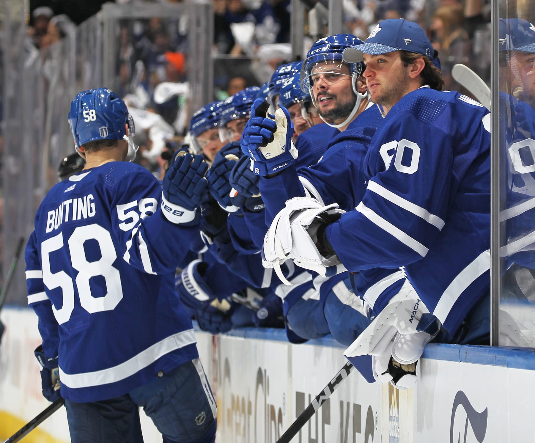 TORONTO, CANADA - MAY 2:  Michael Bunting #58 of the Toronto Maple Leafs celebrates a goal against the Florida Panthers during Game One of the Second Round of the 2023 Stanley Cup Playoffs at Scotiabank Arena on May 2, 2023 in Toronto, Ontario, Canada. (Photo by Claus Andersen/Getty Images)