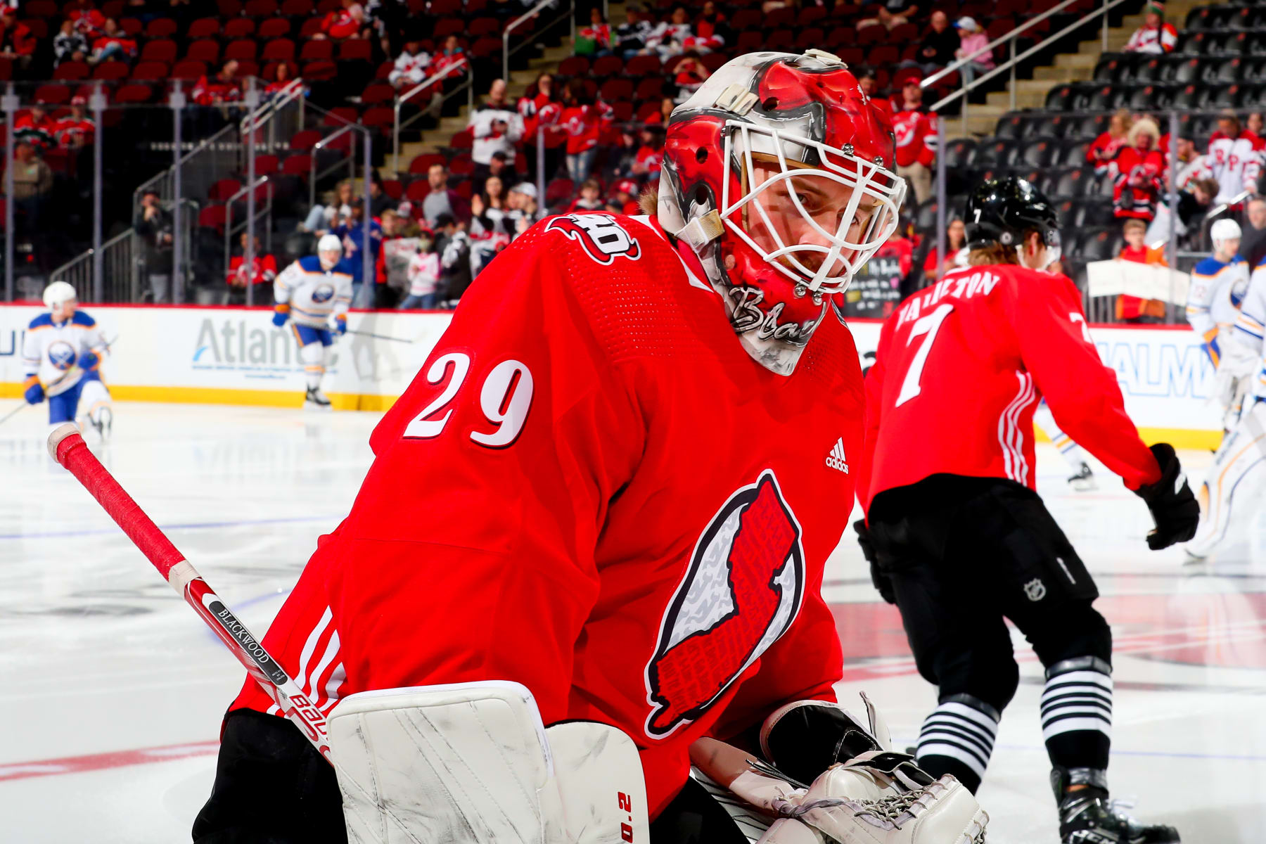 NEWARK, NJ - APRIL 11:  Mackenzie Blackwood #29 of the New Jersey Devils during warm up prior to the game against the Buffalo Sabres on April 11, 2023 in Newark, New Jersey.  (Photo by Rich Graessle/NHLI via Getty Images)
