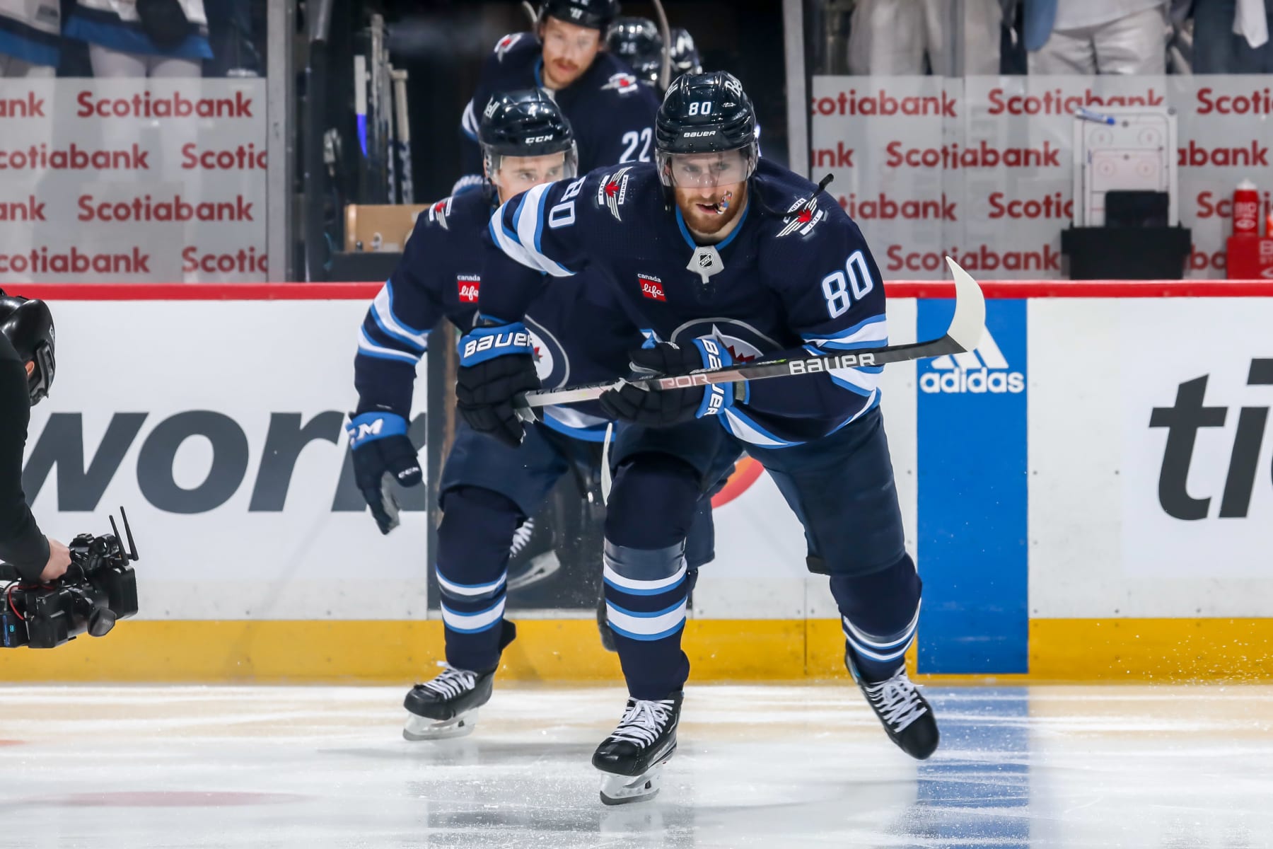 WINNIPEG, CANADA - APRIL 22: Pierre-Luc Dubois #80 of the Winnipeg Jets hits the ice prior to puck drop against the Vegas Golden Knights in Game Three of the First Round of the 2023 Stanley Cup Playoffs at the Canada Life Centre on April 22, 2023 in Winnipeg, Manitoba, Canada. (Photo by Jonathan Kozub/NHLI via Getty Images)