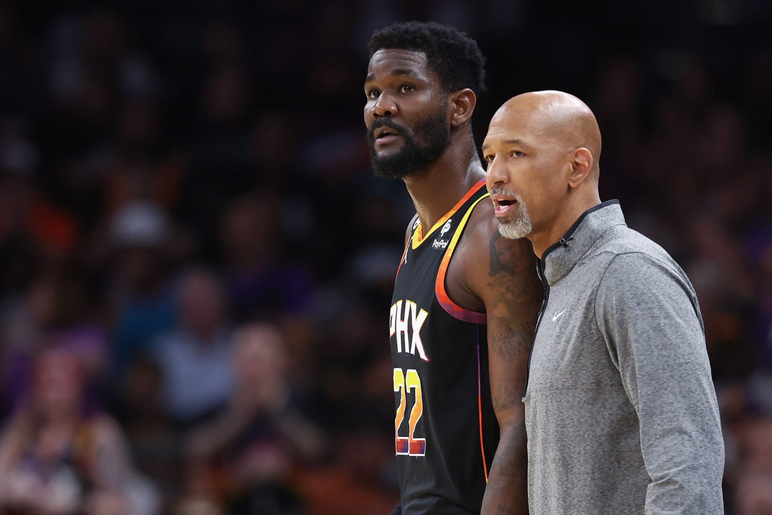 PHOENIX, ARIZONA - MAY 07: Deandre Ayton #22 and head coach Monty Williams of the Phoenix Suns during Game Four of the NBA Western Conference Semifinals at Footprint Center on May 07, 2023 in Phoenix, Arizona. The Suns defeated the Nuggets 129-124. NOTE TO USER: User expressly acknowledges and agrees that, by downloading and or using this photograph, User is consenting to the terms and conditions of the Getty Images License Agreement.  (Photo by Christian Petersen/Getty Images)