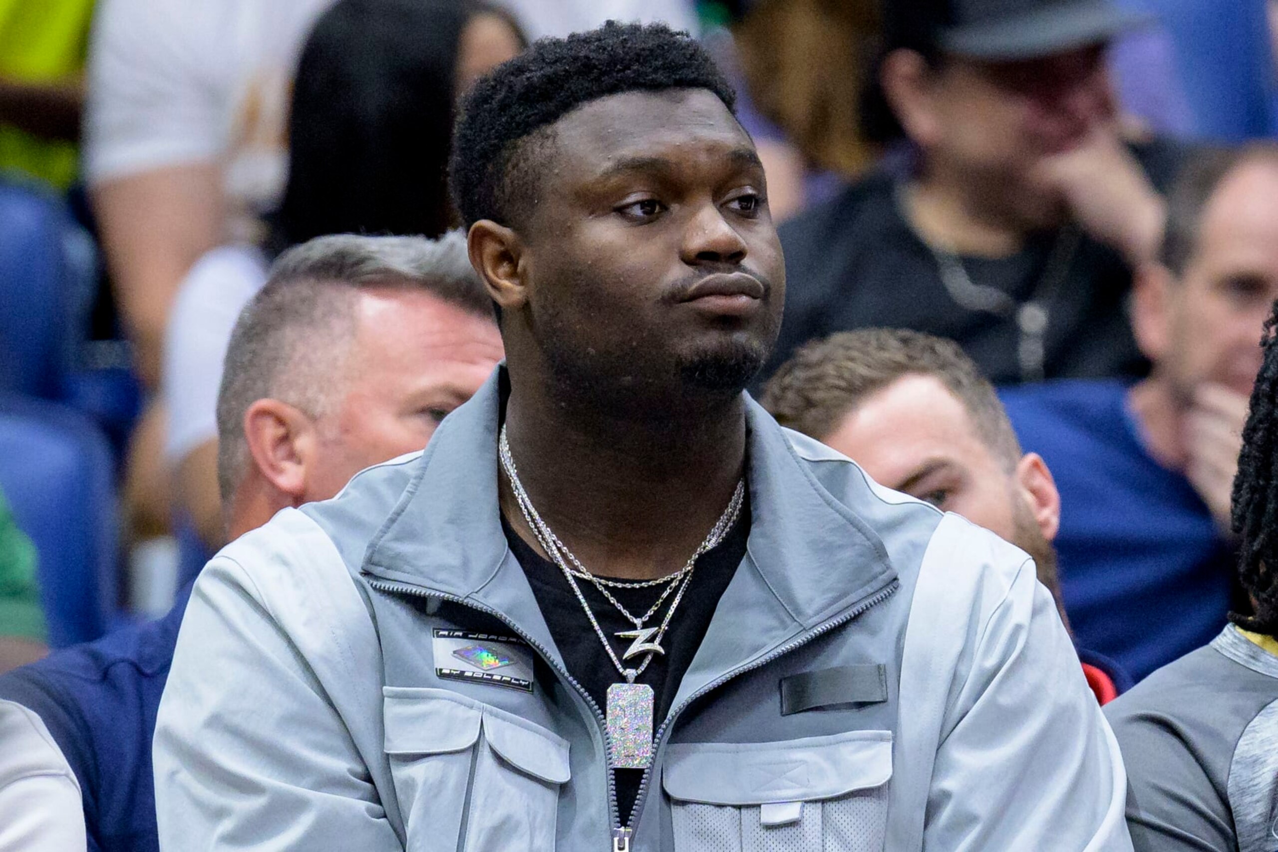 New Orleans Pelicans forward Zion Williamson watches in the first half of an NBA basketball game against the Portland Trail Blazers in New Orleans, Sunday, March 12, 2023. (AP Photo/Matthew Hinton)