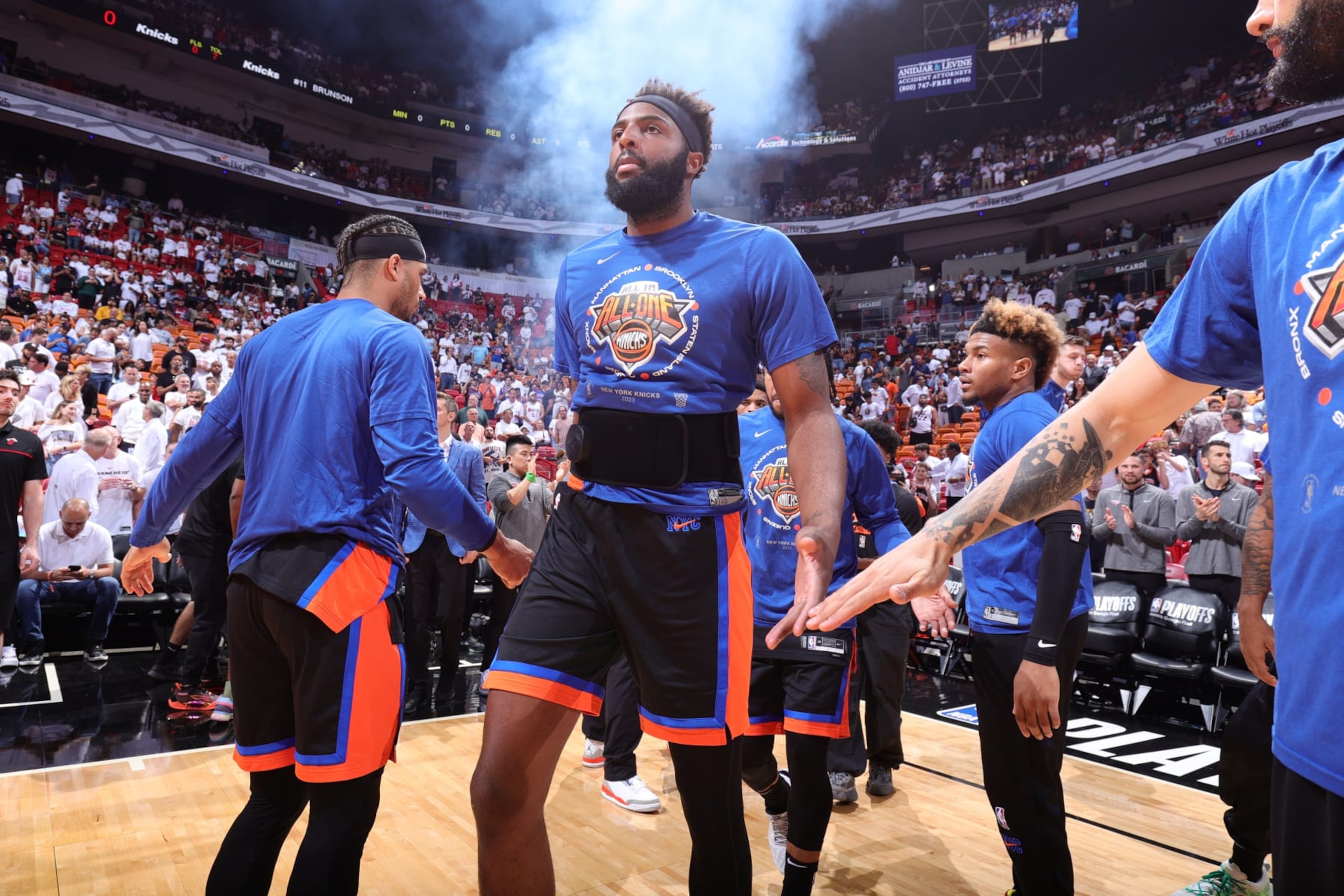 MIAMI, FL - MAY 8: Mitchell Robinson #23 of the New York Knicks is introduced before Game Four of the Eastern Conference Semi-Finals of the 2023 NBA Playoffs against the Miami Heat on May 8, 2023 at Miami-Dade Arena in Miami, Florida. NOTE TO USER: User expressly acknowledges and agrees that, by downloading and or using this Photograph, user is consenting to the terms and conditions of the Getty Images License Agreement. Mandatory Copyright Notice: Copyright 2023 NBAE (Photo by Nathaniel S. Butler/NBAE via Getty Images) MIAMI, FL - MAY 8: Mitchell Robinson #23 of the New York Knicks is introduced before Game Four of the Eastern Conference Semi-Finals of the 2023 NBA Playoffs against the Miami Heat on May 8, 2023 at Miami-Dade Arena in Miami, Florida. NOTE TO USER: User expressly acknowledges and agrees that, by downloading and or using this Photograph, user is consenting to the terms and conditions of the Getty Images License Agreement. Mandatory Copyright Notice: Copyright 2023 NBAE (Photo by Nathaniel S. Butler/NBAE via Getty Images)