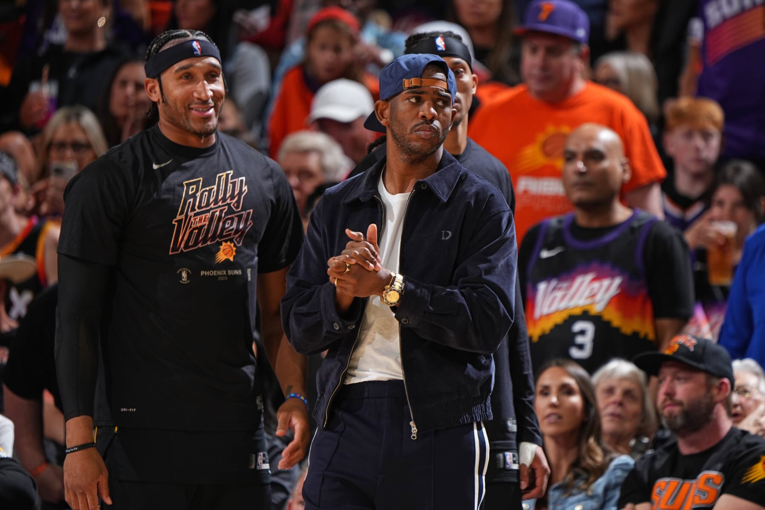 PHOENIX, AZ - MAY 11: Chris Paul #3 of the Phoenix Suns looks on during Game 6 of the 2023 NBA Playoffs Western Conference semi-finals against the Denver Nuggets on May 11, 2023 at Footprint Center in Phoenix, Arizona. NOTE TO USER: User expressly acknowledges and agrees that, by downloading and or using this photograph, user is consenting to the terms and conditions of the Getty Images License Agreement. Mandatory Copyright Notice: Copyright 2023 NBAE (Photo by Garrett Ellwood/NBAE via Getty Images) PHOENIX, AZ - MAY 11: Chris Paul #3 of the Phoenix Suns looks on during Game 6 of the 2023 NBA Playoffs Western Conference semi-finals against the Denver Nuggets on May 11, 2023 at Footprint Center in Phoenix, Arizona. NOTE TO USER: User expressly acknowledges and agrees that, by downloading and or using this photograph, user is consenting to the terms and conditions of the Getty Images License Agreement. Mandatory Copyright Notice: Copyright 2023 NBAE (Photo by Garrett Ellwood/NBAE via Getty Images)