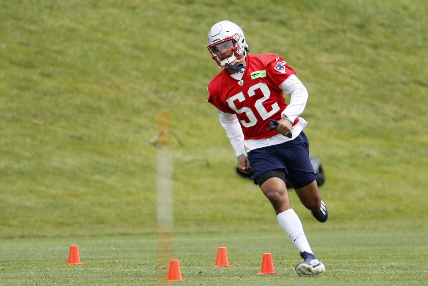 FOXBOROUGH, MA - JUNE 13: New England Patriots linebacker Marte Mapu (52) runs the agility cones during New England Patriots Minicamp on June 13, 2023, at the Patriots Practice Facility at Gillette Stadium in Foxborough, Massachusetts. (Photo by Fred Kfoury III/Icon Sportswire via Getty Images)