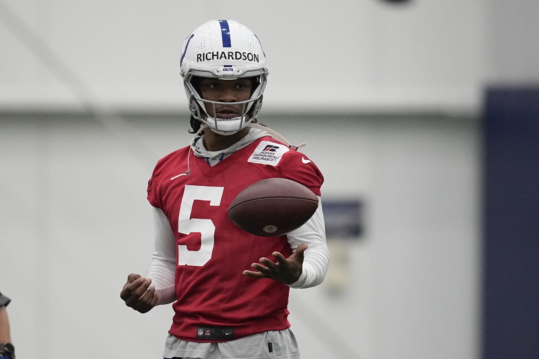 Indianapolis Colts quarterback Anthony Richardson participates in a drill during NFL football practice, Tuesday, June 13, 2023, in Indianapolis. (AP Photo/Darron Cummings)