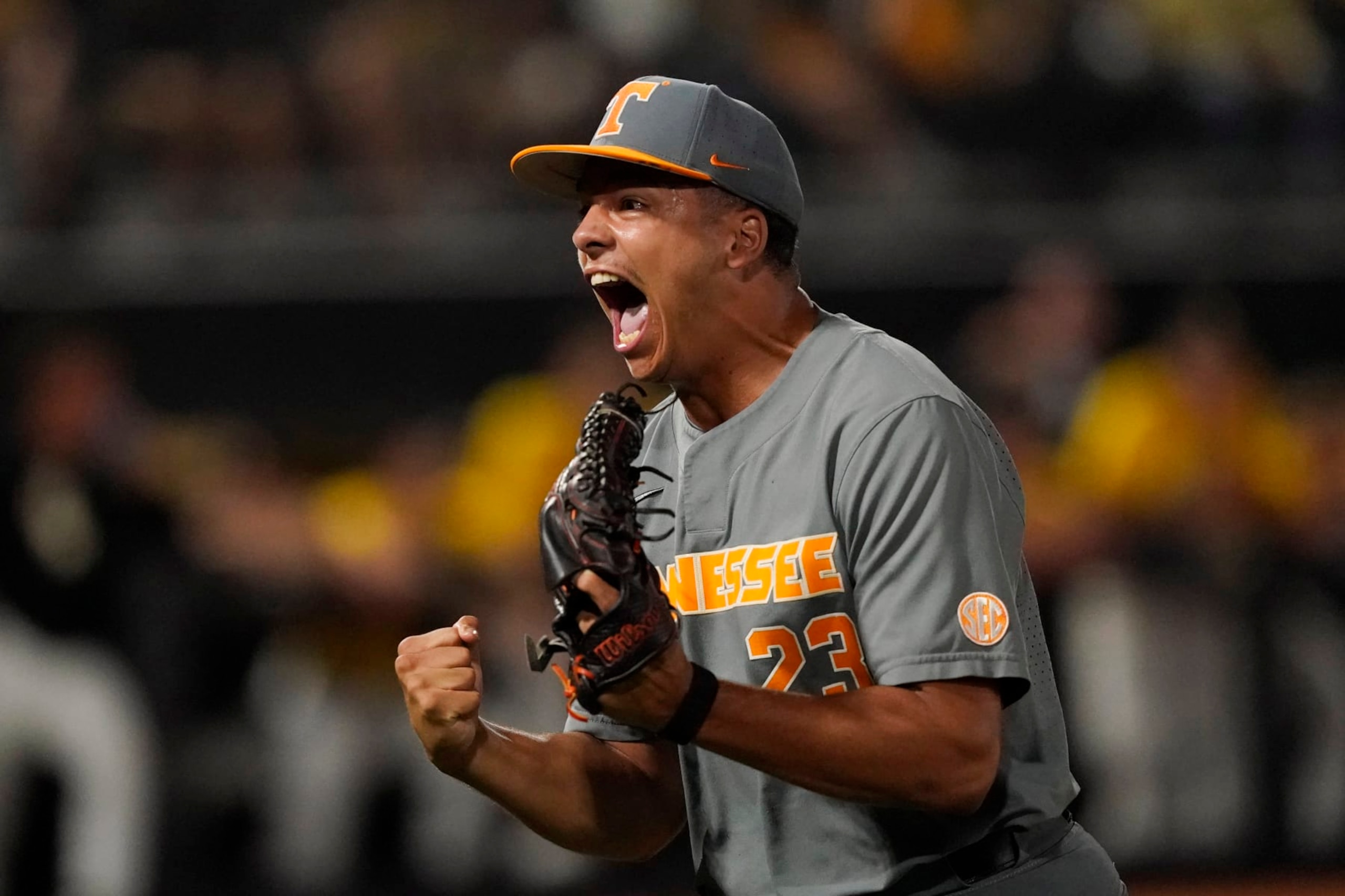 Tennessee pitcher Chase Burns (23) reacts after striking out two Southern Mississippi baseball players to close out the seventh inning of an NCAA college baseball tournament super regional game Monday, June 12, 2023, in Hattiesburg, Miss. Tennessee won 5-0 and advances to the College World Series. (AP Photo/Rogelio V. Solis) Tennessee pitcher Chase Burns (23) reacts after striking out two Southern Mississippi baseball players to close out the seventh inning of an NCAA college baseball tournament super regional game Monday, June 12, 2023, in Hattiesburg, Miss. Tennessee won 5-0 and advances to the College World Series. (AP Photo/Rogelio V. Solis)