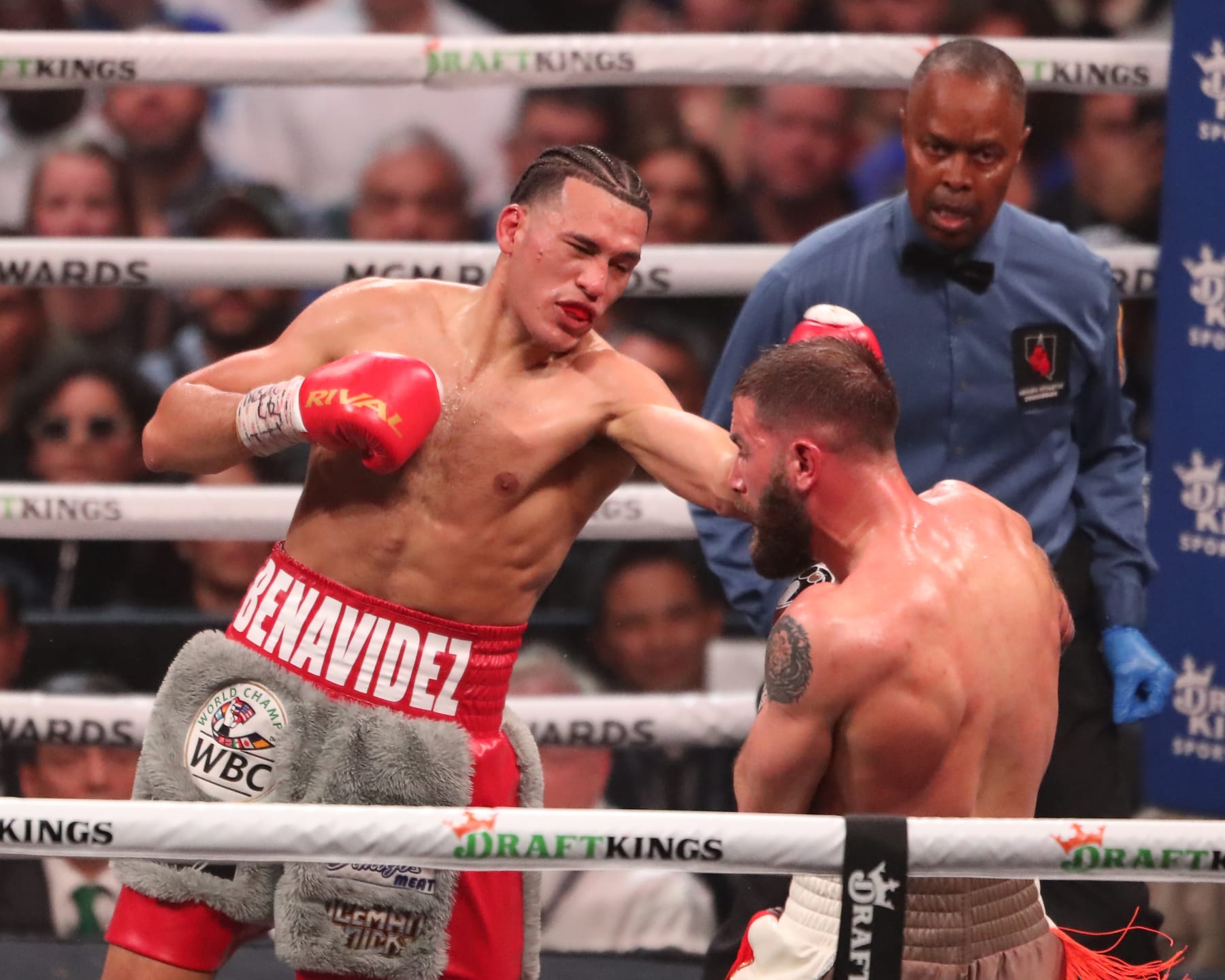 LAS VEGAS, NV - MARCH 25: (L-R) David Benavidez punches Caleb Plant in their Interim WBC World Super Middleweight Title bout at the MGM Grand Garden Arena on March 25, 2023 in Las Vegas, NV, United States. (Photo by Alejandro Salazar/PX Images/Icon Sportswire via Getty Images)