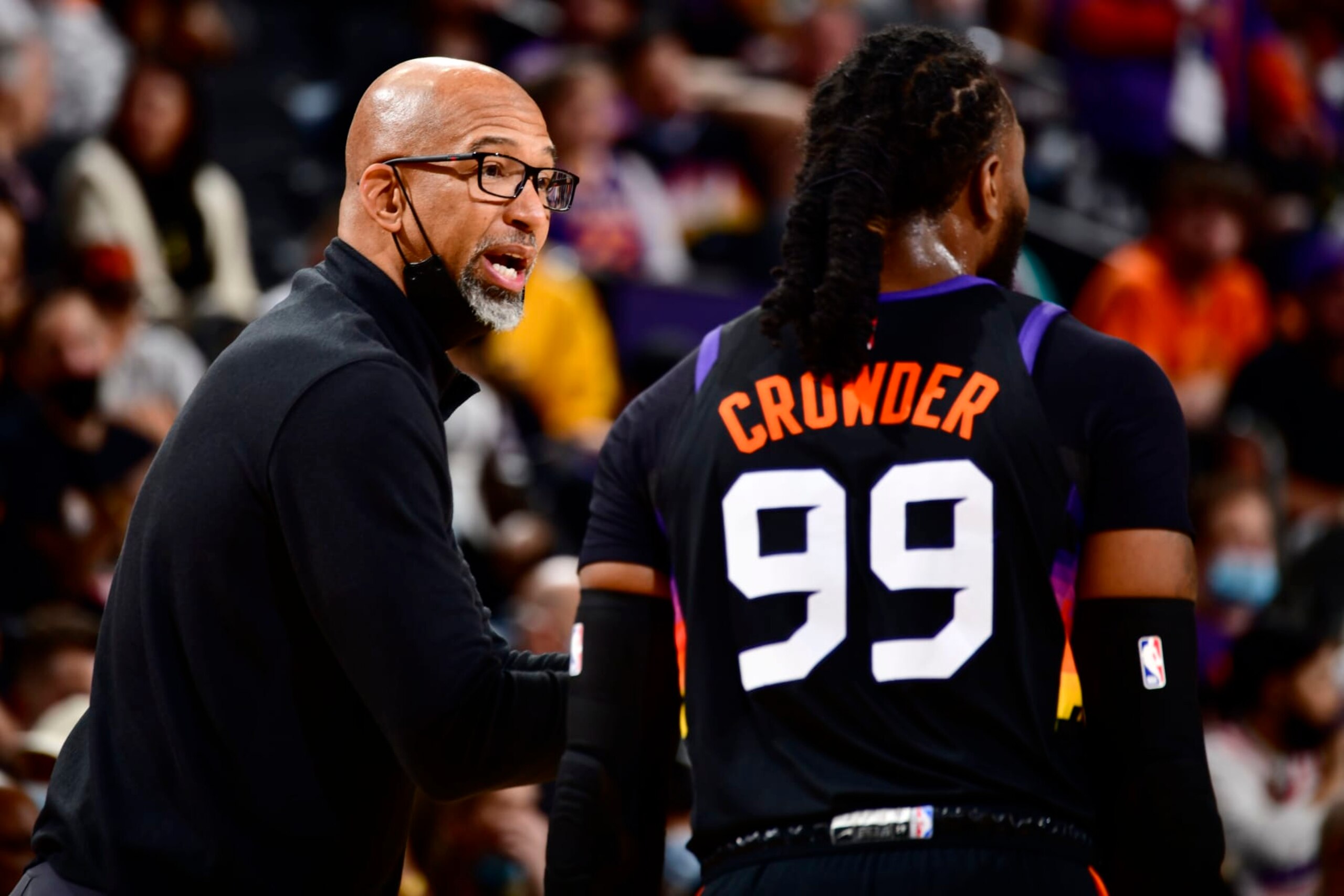 PHOENIX, AZ - DECEMBER 2: Head Coach Monty Williams of the Phoenix Suns talks to Jae Crowder #99 of the Phoenix Suns during the game against the Detroit Pistons on December 2, 2021 at Footprint Center in Phoenix, Arizona. NOTE TO USER: User expressly acknowledges and agrees that, by downloading and or using this photograph, user is consenting to the terms and conditions of the Getty Images License Agreement. Mandatory Copyright Notice: Copyright 2021 NBAE (Photo by Barry Gossage/NBAE via Getty Images) PHOENIX, AZ - DECEMBER 2: Head Coach Monty Williams of the Phoenix Suns talks to Jae Crowder #99 of the Phoenix Suns during the game against the Detroit Pistons on December 2, 2021 at Footprint Center in Phoenix, Arizona. NOTE TO USER: User expressly acknowledges and agrees that, by downloading and or using this photograph, user is consenting to the terms and conditions of the Getty Images License Agreement. Mandatory Copyright Notice: Copyright 2021 NBAE (Photo by Barry Gossage/NBAE via Getty Images)