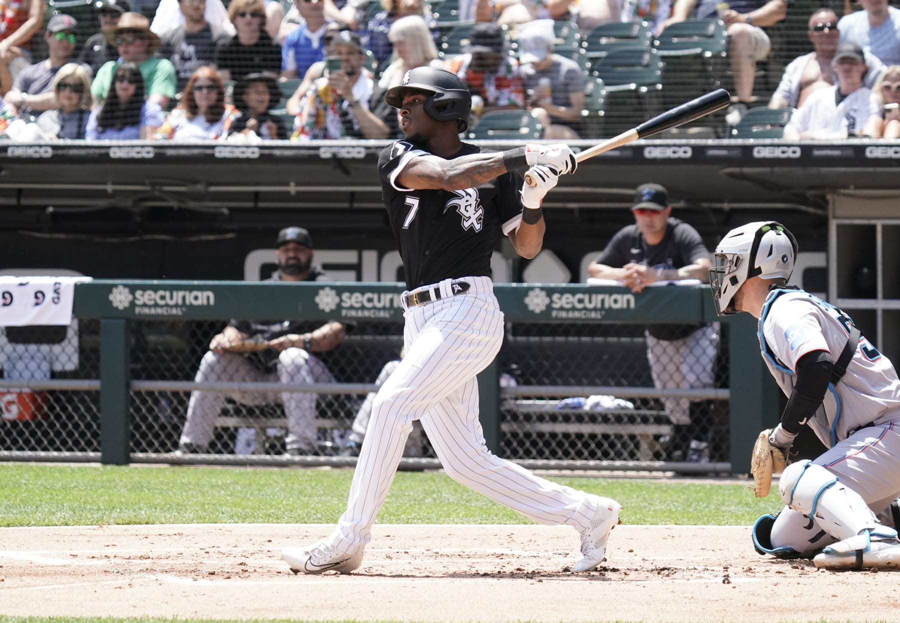 CHICAGO, ILLINOIS - JUNE 10: Tim Anderson #7 of the Chicago White Sox bats against the Miami Marlins at Guaranteed Rate Field on June 10, 2023 in Chicago, Illinois. (Photo by Nuccio DiNuzzo/Getty Images)