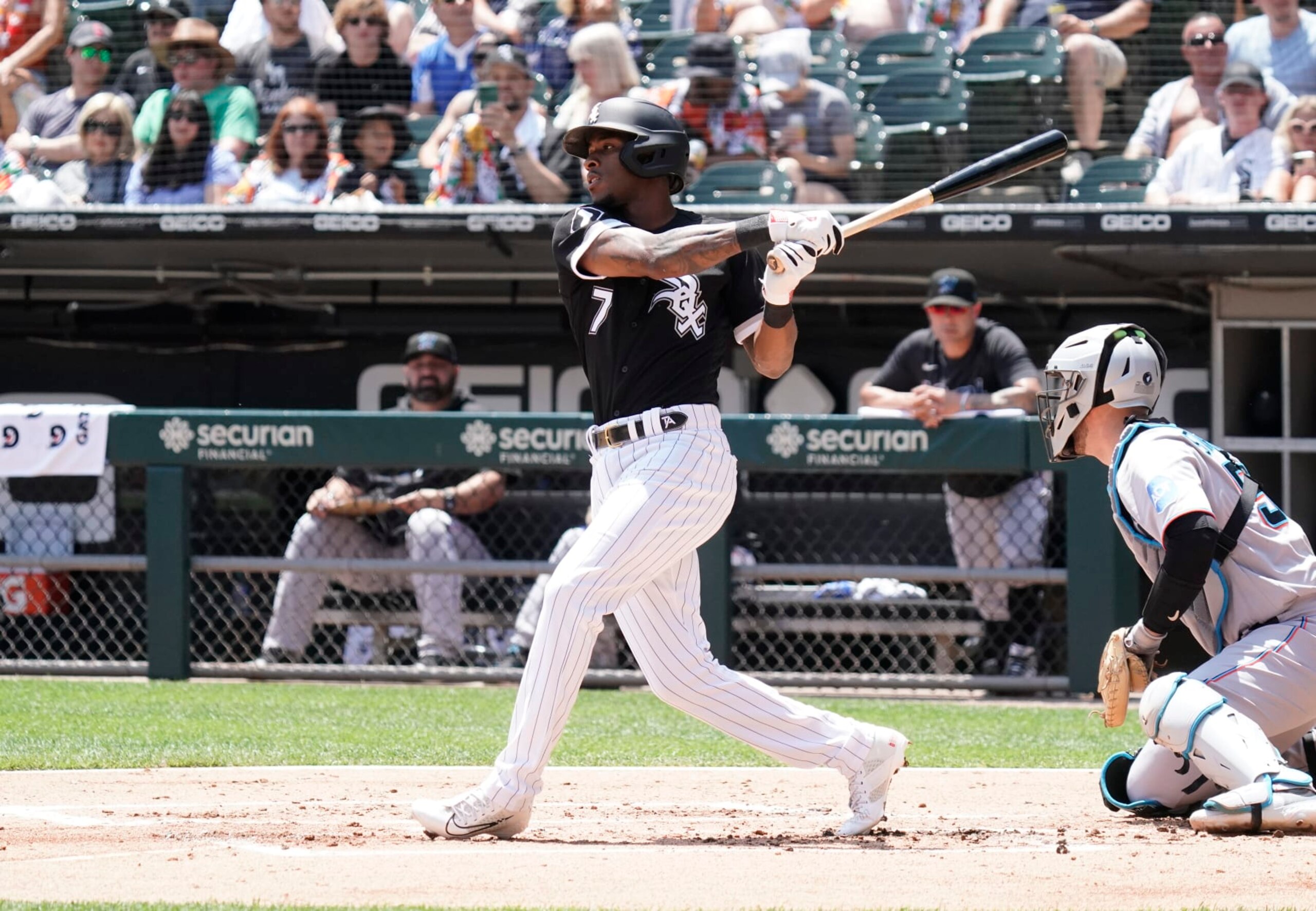 CHICAGO, ILLINOIS - JUNE 10: Tim Anderson #7 of the Chicago White Sox bats against the Miami Marlins at Guaranteed Rate Field on June 10, 2023 in Chicago, Illinois. (Photo by Nuccio DiNuzzo/Getty Images)
