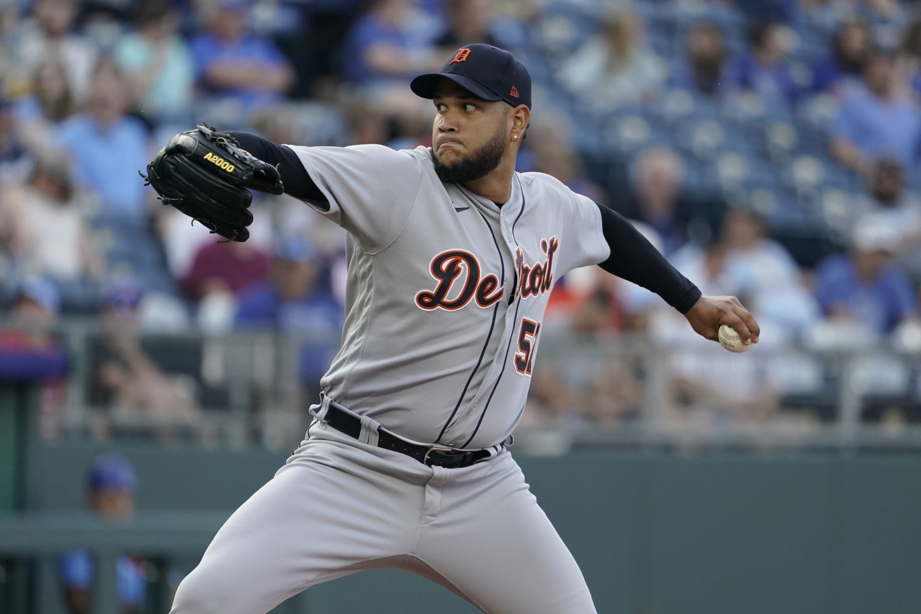 KANSAS CITY, MISSOURI - MAY 23: Eduardo Rodriguez #57 of the Detroit Tigers throws in the first inning against the Kansas City Royals at Kauffman Stadium on May 23, 2023 in Kansas City, Missouri. (Photo by Ed Zurga/Getty Images)