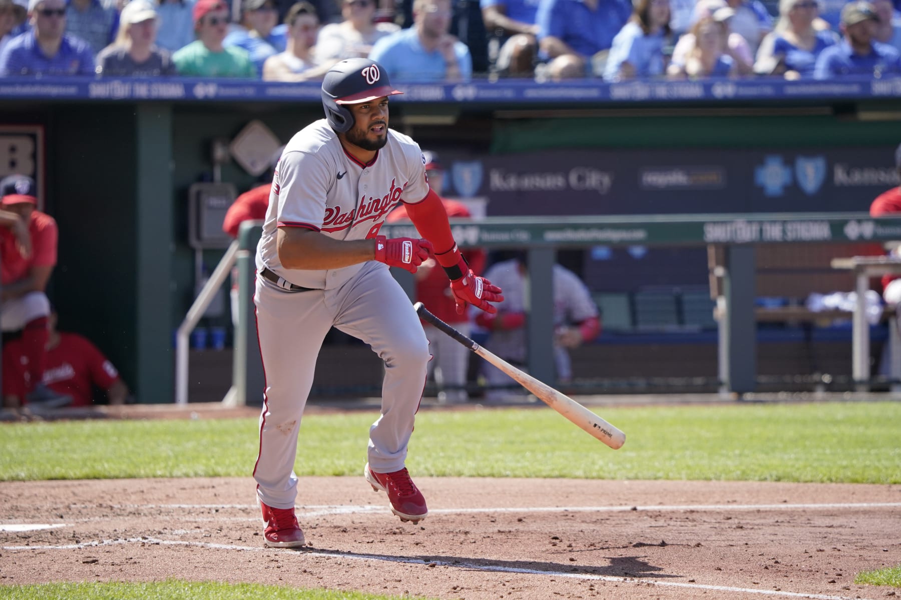 KANSAS CITY, MISSOURI - MAY 27: Jeimer Candelario #9 of the Washington Nationals runs after hitting against the Kansas City Royals at Kauffman Stadium on May 27, 2023 in Kansas City, Missouri.