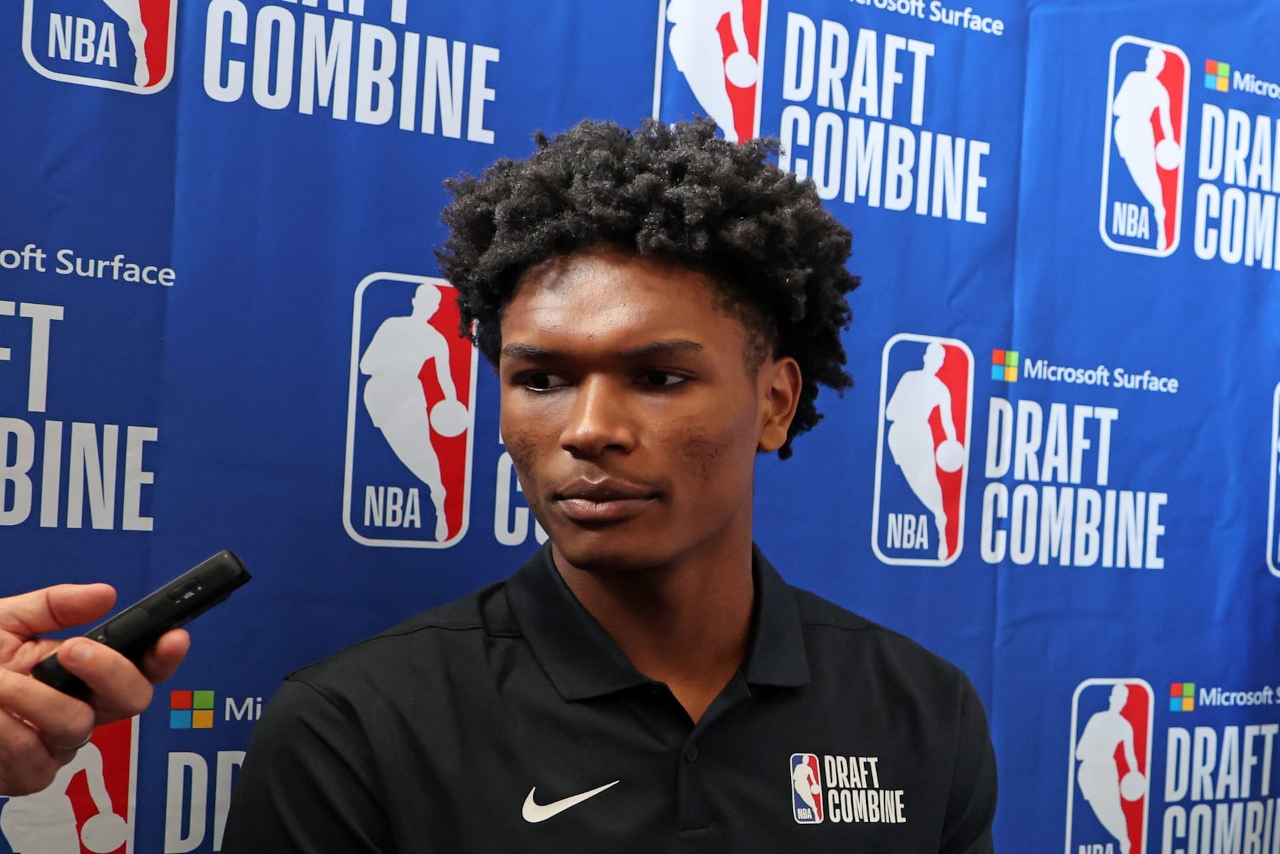 CHICAGO, ILLINOIS - MAY 17: Amen Thompso speaks with the media during the NBA Draft Combine at the Wintrust Arena on May 17, 2023 in Chicago, Illinois. NOTE TO USER: User expressly acknowledges and agrees that, by downloading and or using this photograph, User is consenting to the terms and conditions of the Getty Images License Agreement. (Photo by Stacy Revere/Getty Images)