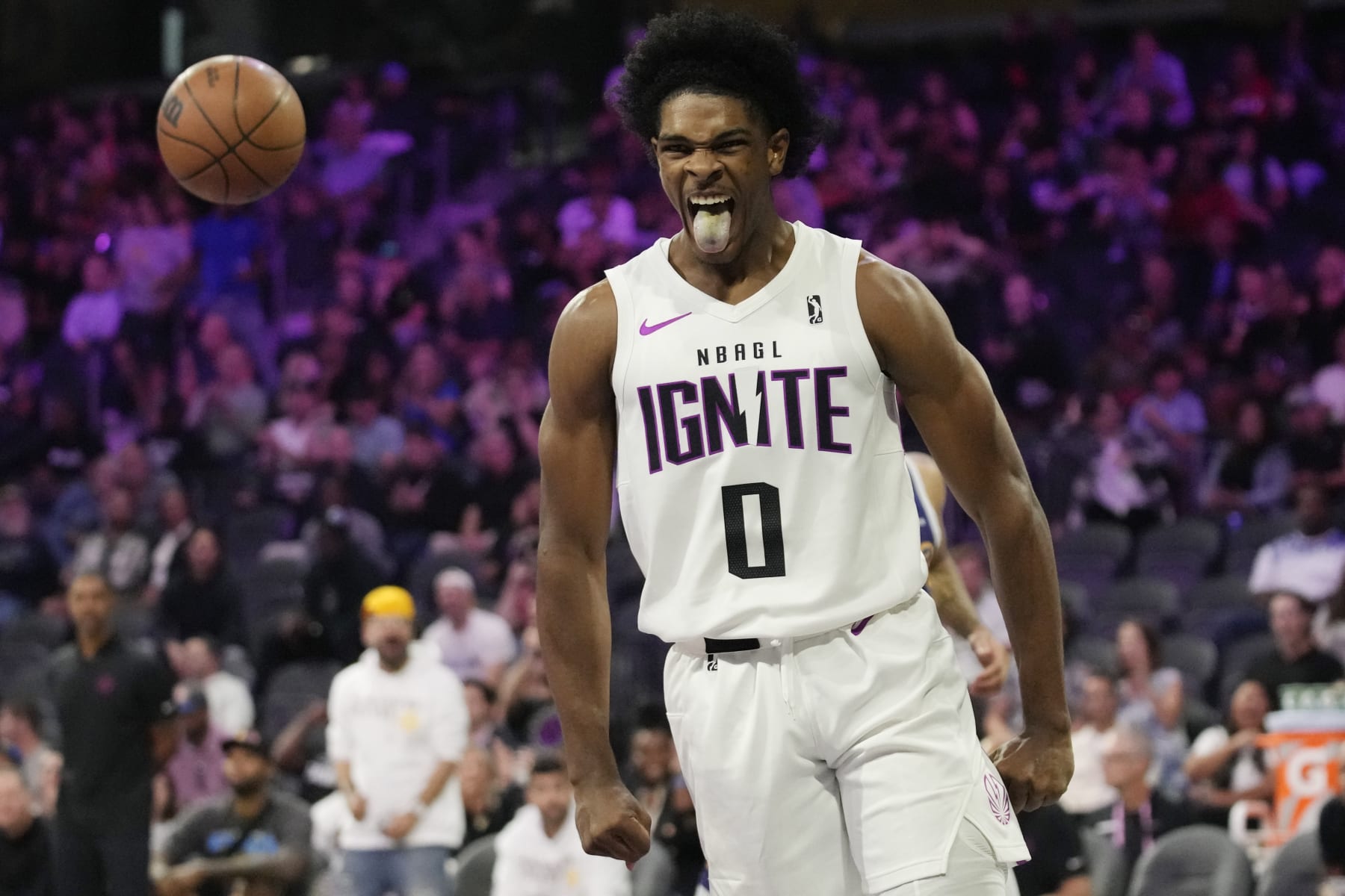 NBA G League Ignite's Scoot Henderson reacts after scoring against Boulogne-Levallois Metropolitans 92 during the first half of an exhibition basketball game Tuesday, Oct. 4, 2022, in Henderson, Nev. (AP Photo/John Locher)
