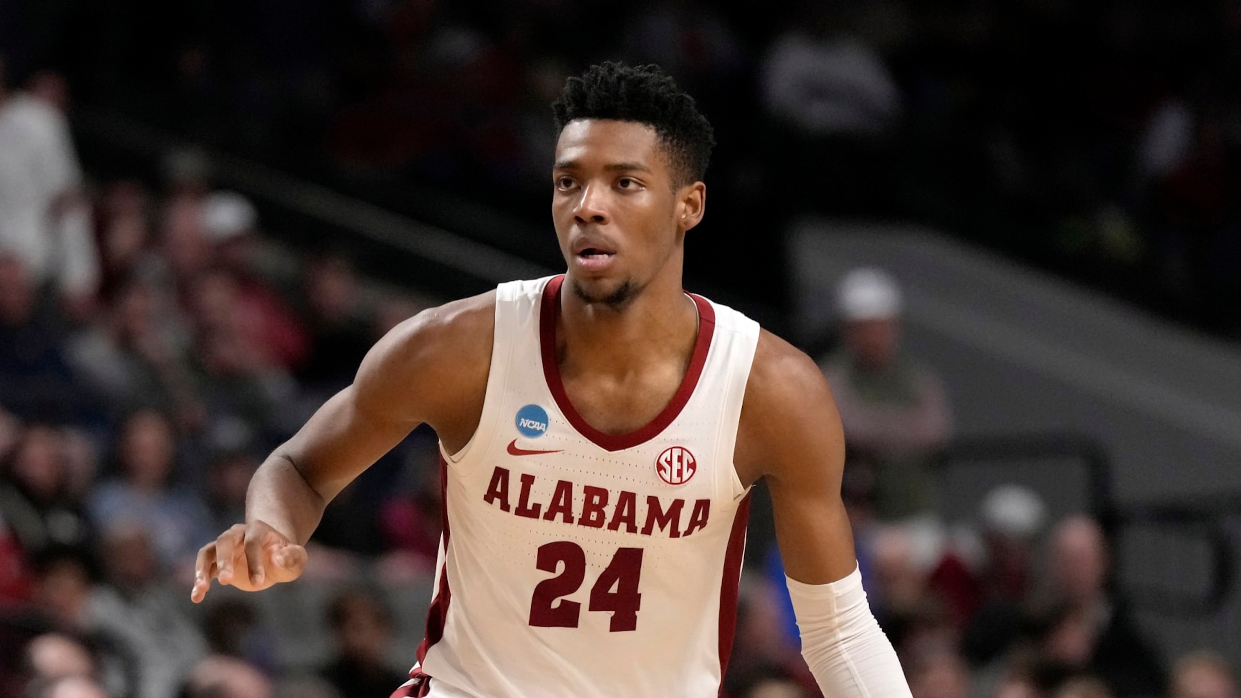 Alabama forward Brandon Miller (24) dribbles up court in the second half of a second-round college basketball game against Maryland in the NCAA Tournament in Birmingham, Ala., Saturday, March 18, 2023. Alabama won 73-51. (AP Photo/Rogelio V. Solis) Alabama forward Brandon Miller (24) dribbles up court in the second half of a second-round college basketball game against Maryland in the NCAA Tournament in Birmingham, Ala., Saturday, March 18, 2023. Alabama won 73-51. (AP Photo/Rogelio V. Solis)