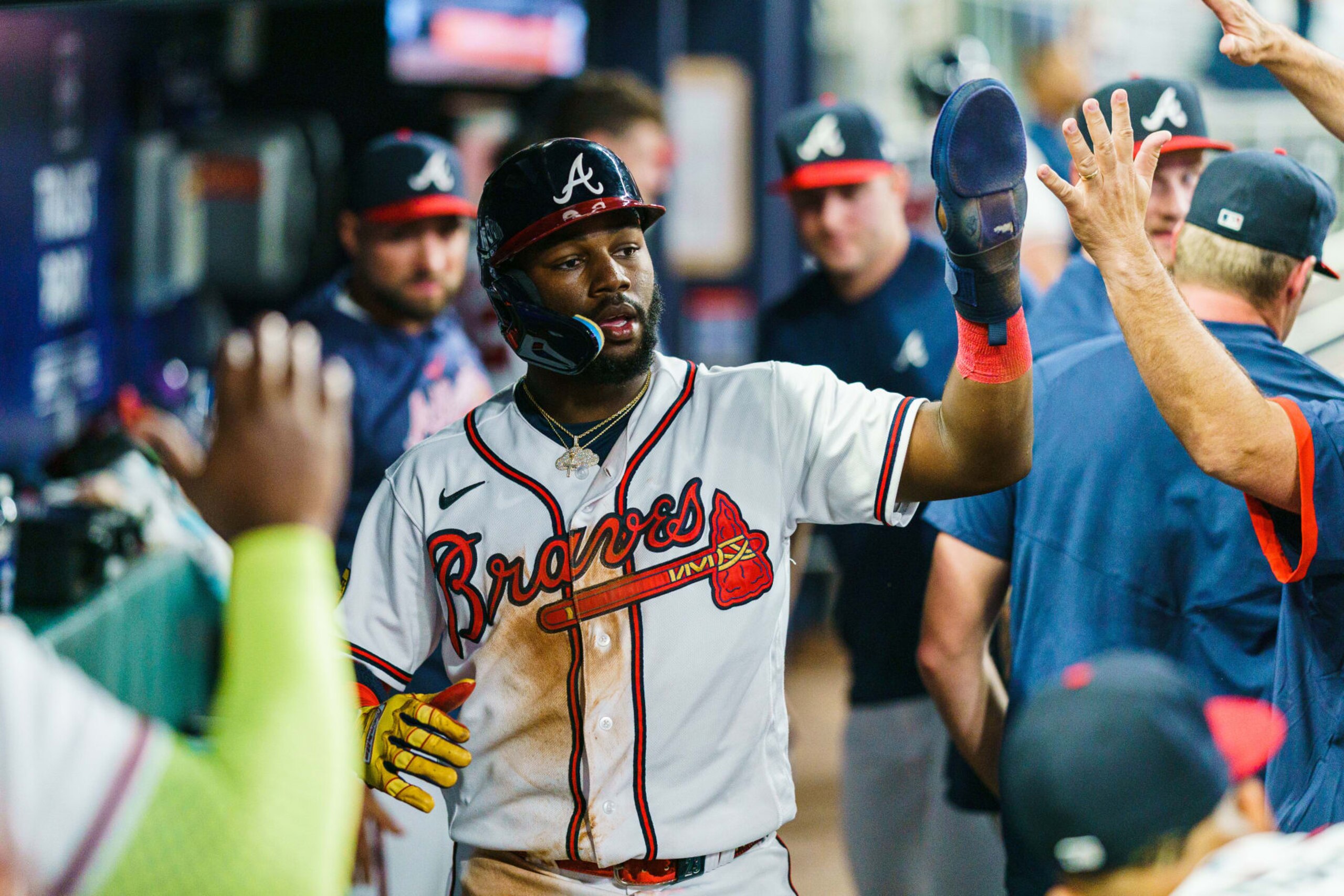ATLANTA, GA - JUNE 7: Michael Harris II #23 of the Atlanta Braves celebrates after scoring during the sixth inning against the New York Mets at Truist Park on June 7, 2023 in Atlanta, Georgia. (Photo by Matthew Grimes Jr./Atlanta Braves/Getty Images) ATLANTA, GA - JUNE 7: Michael Harris II #23 of the Atlanta Braves celebrates after scoring during the sixth inning against the New York Mets at Truist Park on June 7, 2023 in Atlanta, Georgia. (Photo by Matthew Grimes Jr./Atlanta Braves/Getty Images)