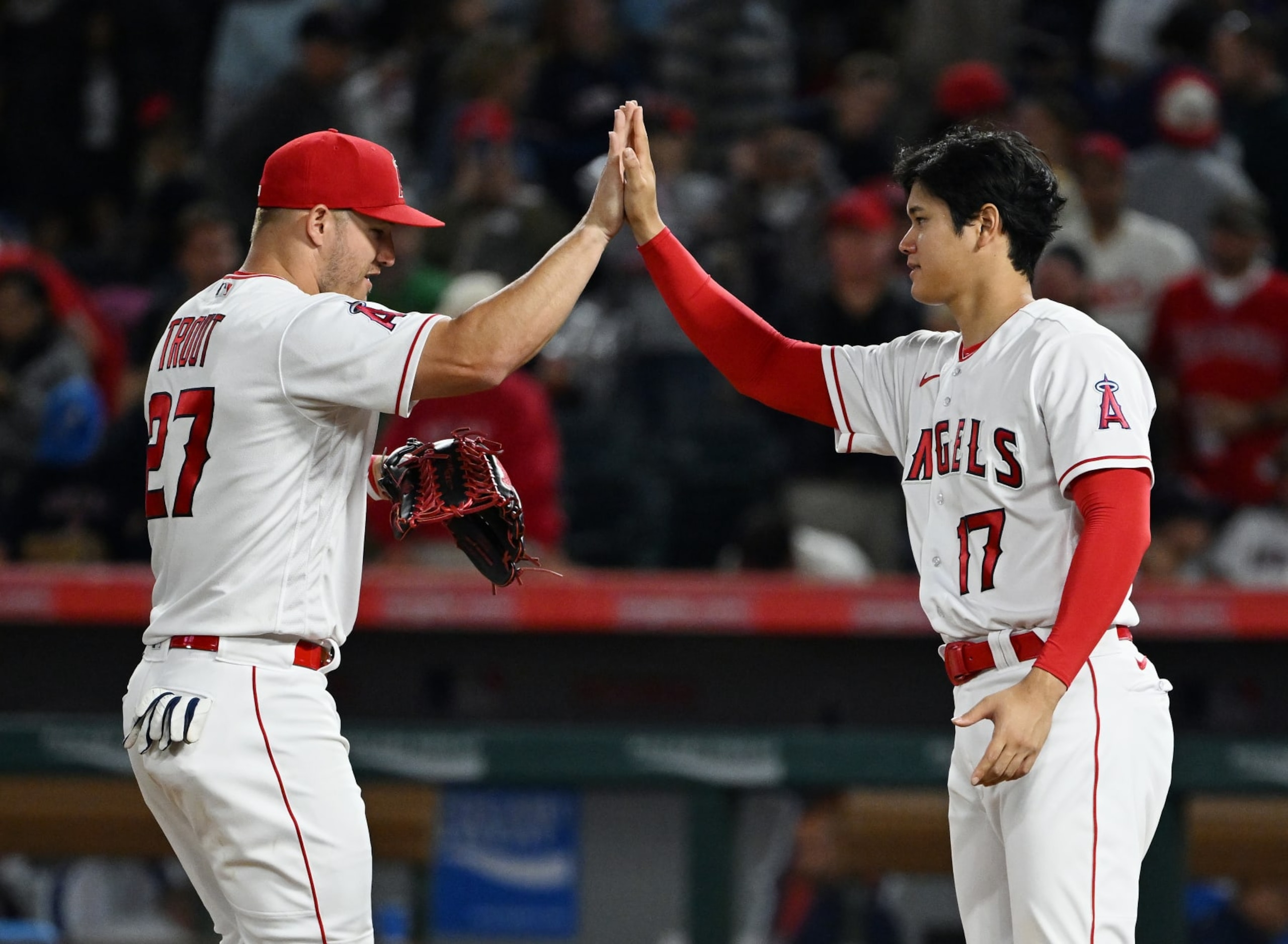 Los Angeles' Mike Trout (L) and Shohei Ohtani.