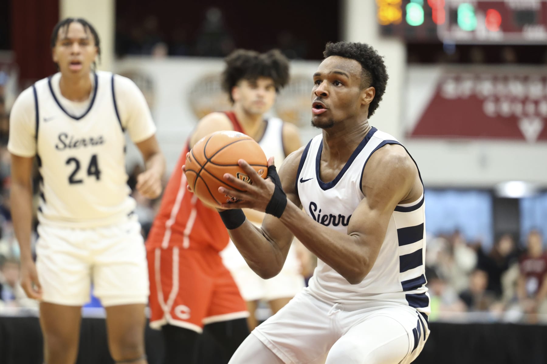 Sierra Canyon's Bronny James #0 in action against Christopher Columbus during a high school basketball game at the Hoophall Classic, Monday, January 16, 2023, in Springfield, MA. (AP Photo/Gregory Payan)