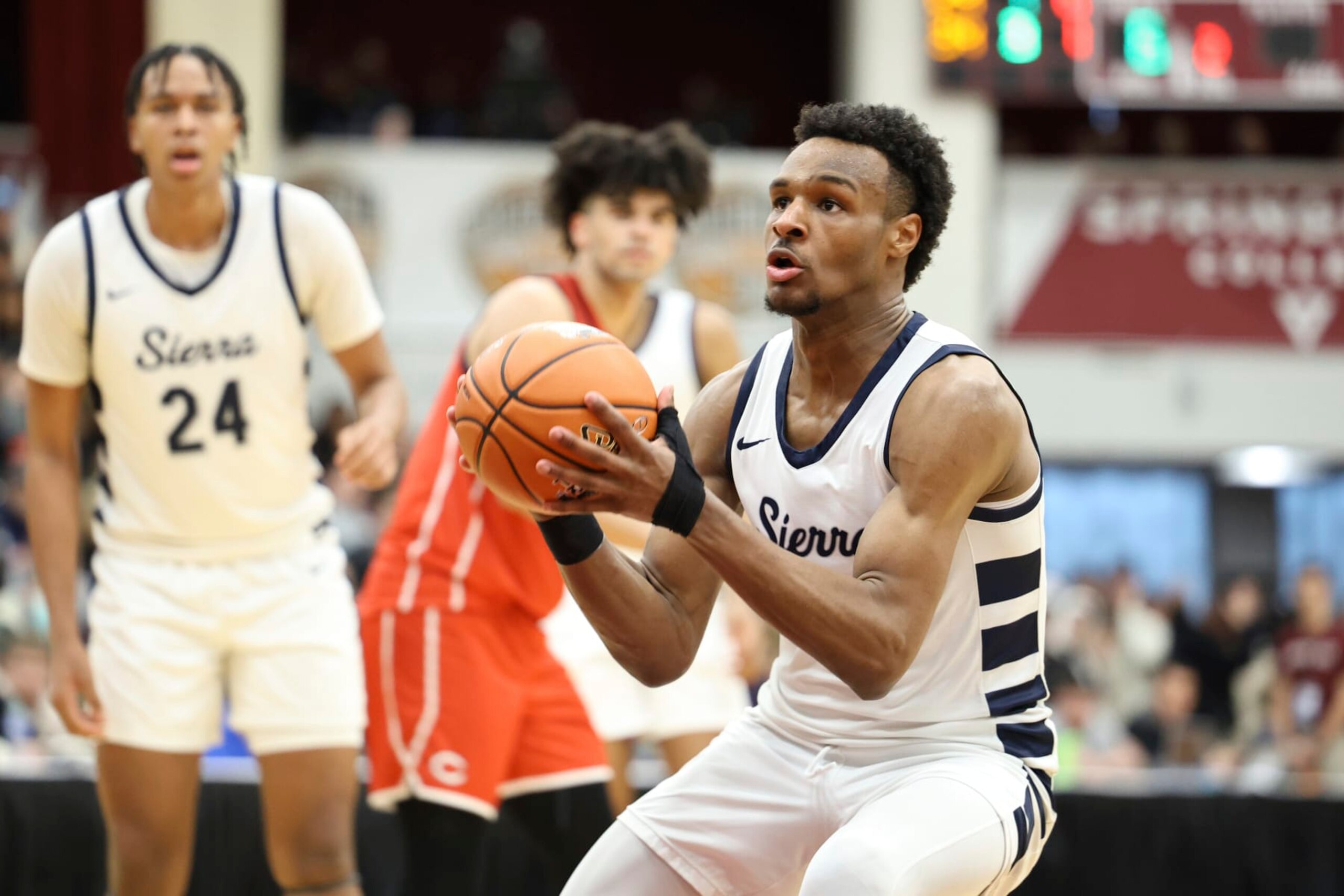 Sierra Canyon's Bronny James #0 in action against Christopher Columbus during a high school basketball game at the Hoophall Classic, Monday, January 16, 2023, in Springfield, MA. (AP Photo/Gregory Payan) Sierra Canyon's Bronny James #0 in action against Christopher Columbus during a high school basketball game at the Hoophall Classic, Monday, January 16, 2023, in Springfield, MA. (AP Photo/Gregory Payan)