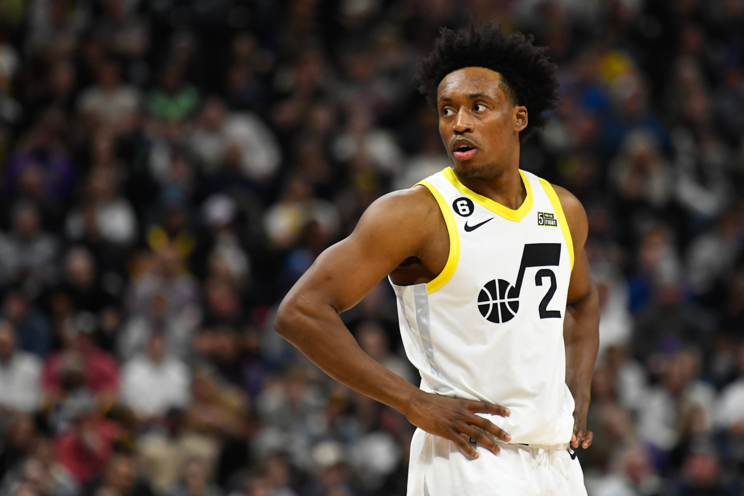 SALT LAKE CITY, UTAH - APRIL 04: Collin Sexton #2 of the Utah Jazz in action during a game against the Los Angeles Lakers at Vivint Arena on April 04, 2023 in Salt Lake City, Utah. NOTE TO USER: User expressly acknowledges and agrees that, by downloading and or using this photograph, User is consenting to the terms and conditions of the Getty Images License Agreement (Photo by Alex Goodlett/Getty Images)