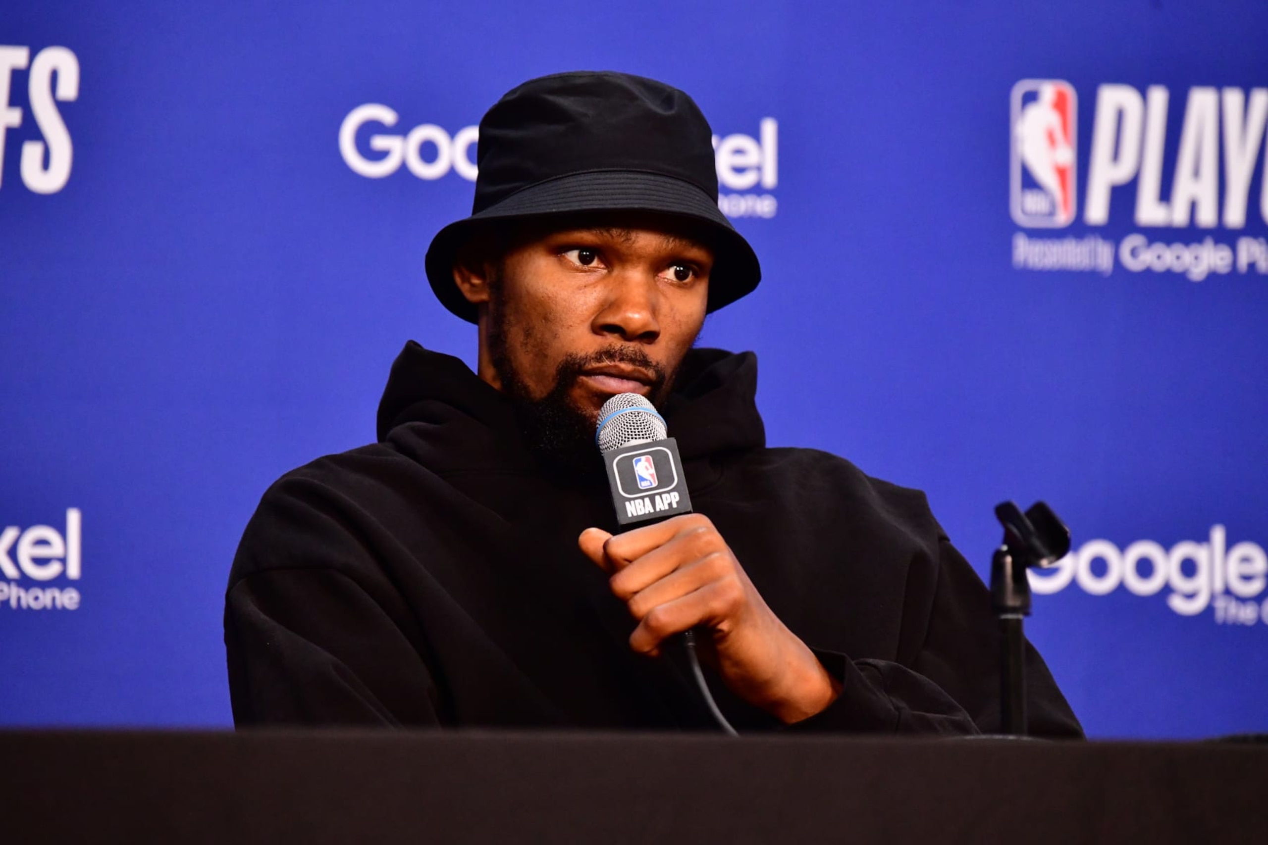 PHOENIX, AZ - MAY 11: Kevin Durant #35 of the Phoenix Suns talks to the media after Game 6 of the 2023 NBA Playoffs Western Conference semi-finals on May 11, 2023 at Footprint Center in Phoenix, Arizona. NOTE TO USER: User expressly acknowledges and agrees that, by downloading and or using this photograph, user is consenting to the terms and conditions of the Getty Images License Agreement. Mandatory Copyright Notice: Copyright 2023 NBAE (Photo by Barry Gossage/NBAE via Getty Images) PHOENIX, AZ - MAY 11: Kevin Durant #35 of the Phoenix Suns talks to the media after Game 6 of the 2023 NBA Playoffs Western Conference semi-finals on May 11, 2023 at Footprint Center in Phoenix, Arizona. NOTE TO USER: User expressly acknowledges and agrees that, by downloading and or using this photograph, user is consenting to the terms and conditions of the Getty Images License Agreement. Mandatory Copyright Notice: Copyright 2023 NBAE (Photo by Barry Gossage/NBAE via Getty Images)