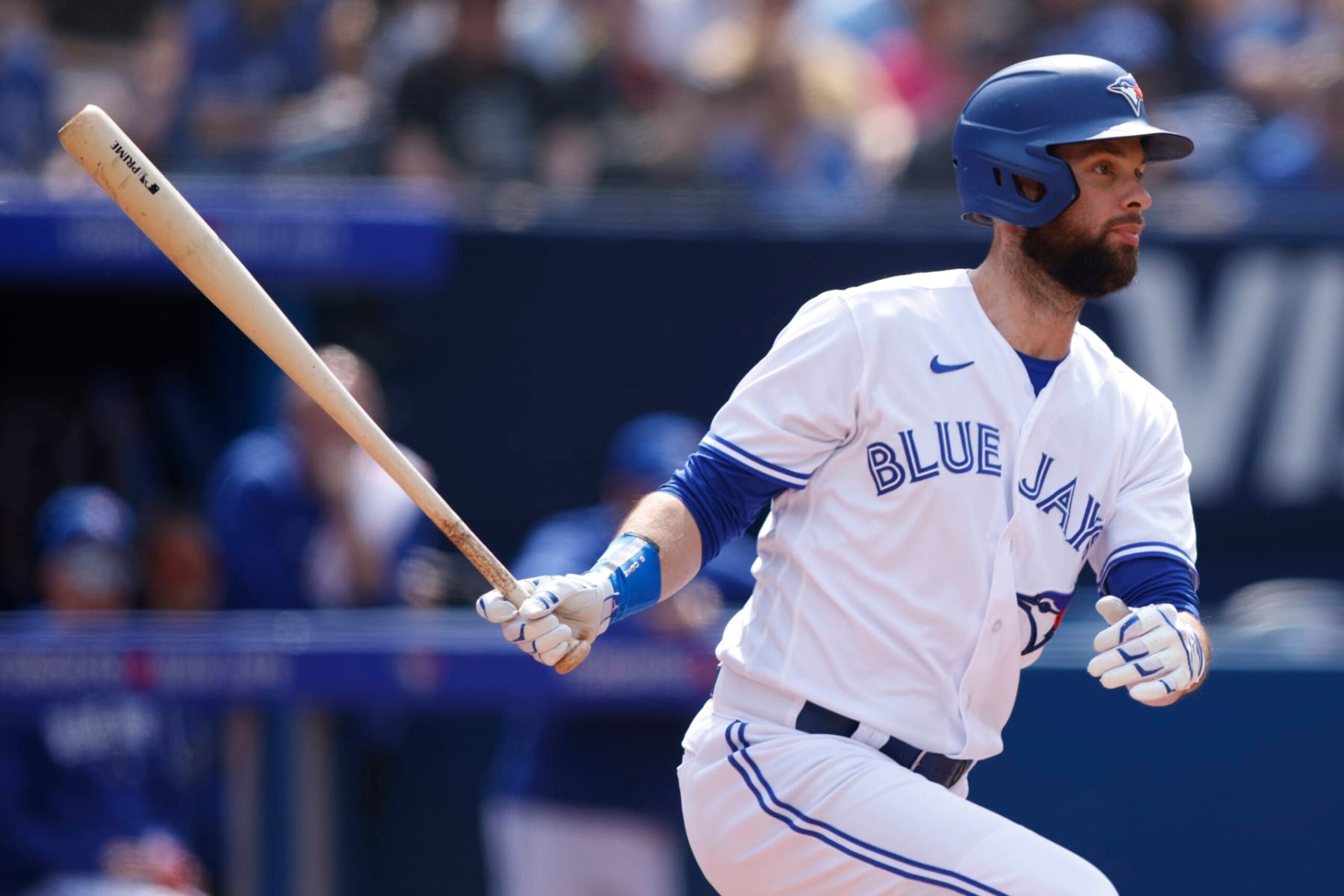 TORONTO, CANADA - JUNE 10: Brandon Belt #13 of the Toronto Blue Jays hits a double in the third inning of their MLB game against the Minnesota Twins at Rogers Centre on June 10, 2023 in Toronto, Canada. (Photo by Cole Burston/Getty Images)