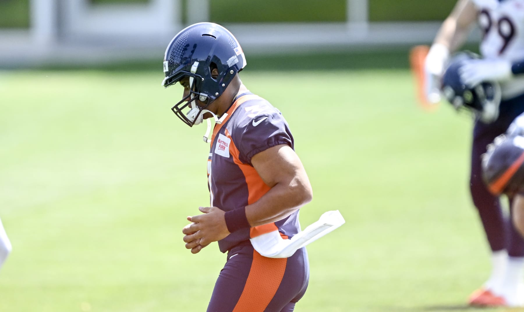 ENGLEWOOD , CO - JUNE 14: Russell Wilson (3) of the Denver Broncos jogs during minicamp at the team's training facility in Englewood, Colorado on Wednesday, June 14, 2023. (Photo by AAron Ontiveroz/The Denver Post)