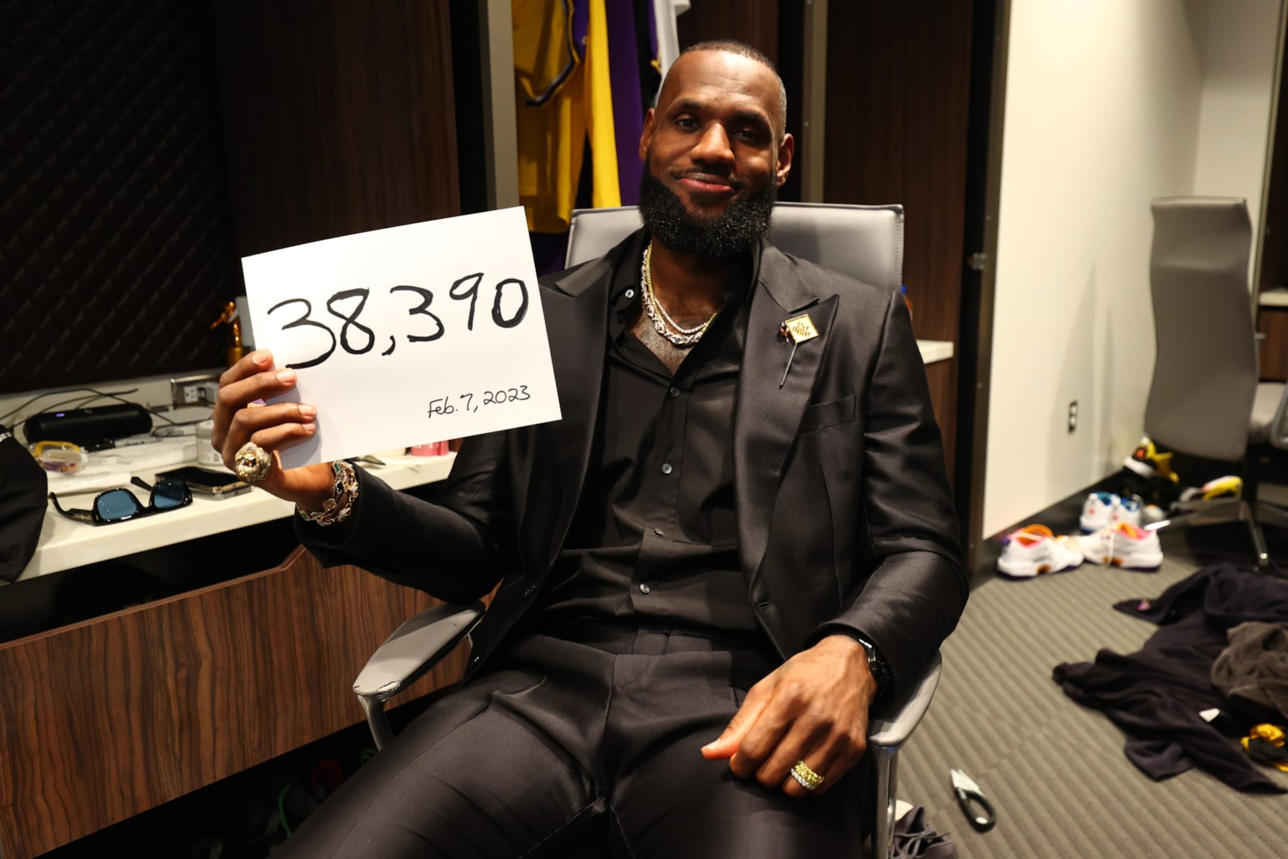 LOS ANGELES, CA - FEBRUARY 7: LeBron James #6 of the Los Angeles Lakers celebrates in the locker room after breaking Kareem Abdul-Jabbars, all time scoring record of 38,387 points against the Oklahoma City Thunder on February 7, 2023 at Crypto.Com Arena in Los Angeles, California. NOTE TO USER: User expressly acknowledges and agrees that, by downloading and/or using this Photograph, user is consenting to the terms and conditions of the Getty Images License Agreement. Mandatory Copyright Notice: Copyright 2023 NBAE (Photo by Nathaniel S. Butler/NBAE via Getty Images)
