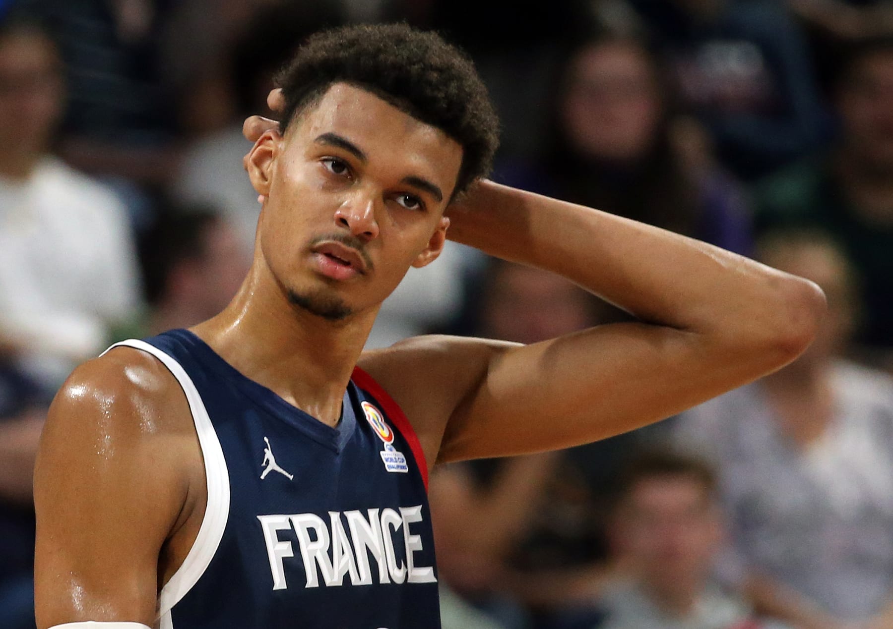 France's Victor Wembanyama reacts during the FIBA Basketball World Cup 2023 European Qualifiers match between France and Bosnia Herzegovina in Pau, southwestern France, Monday, Nov. 14, 2022. (AP Photo/Bob Edme)